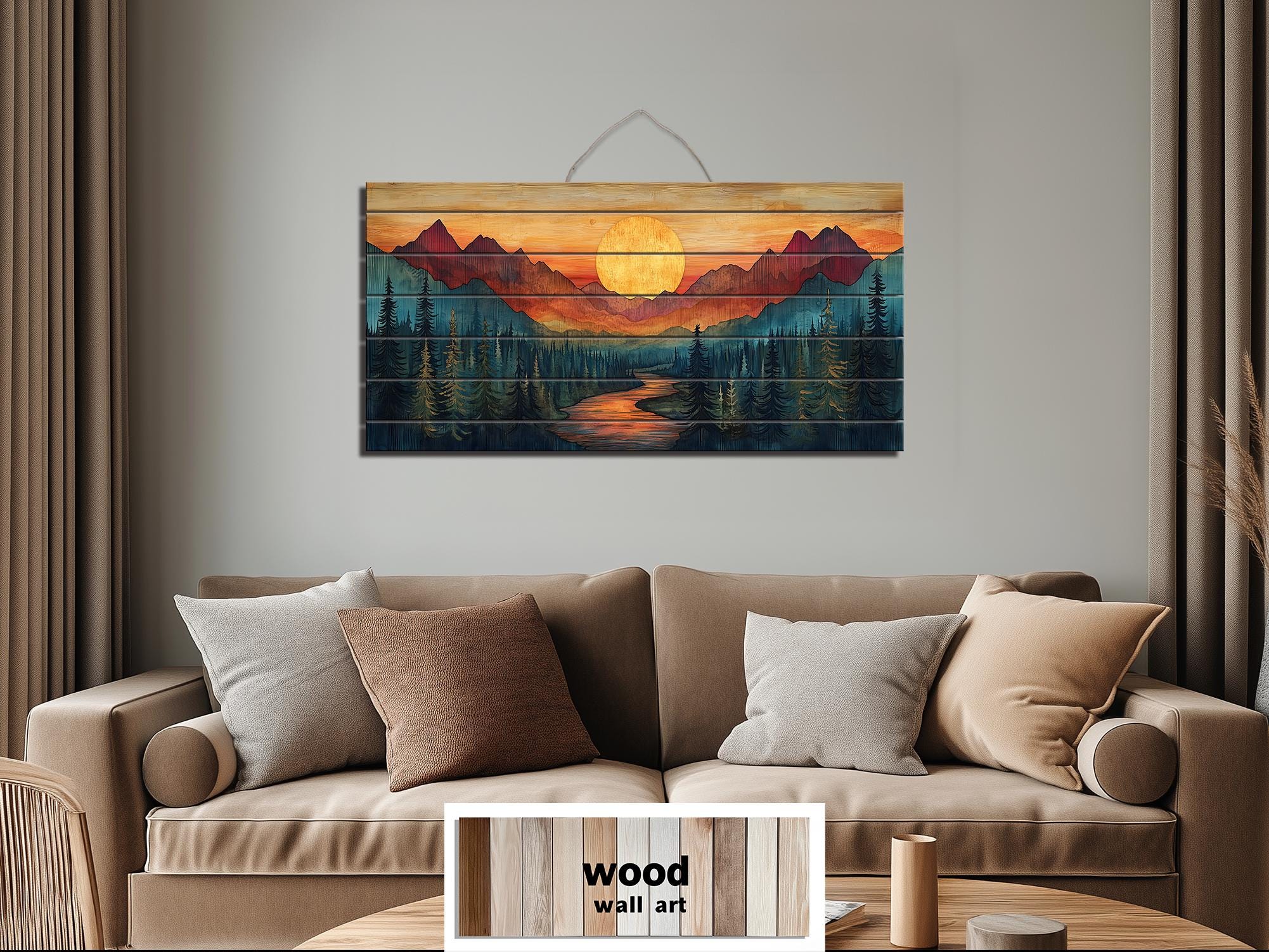 Sunset Mountain River Scene Distressed Wood Wall Art