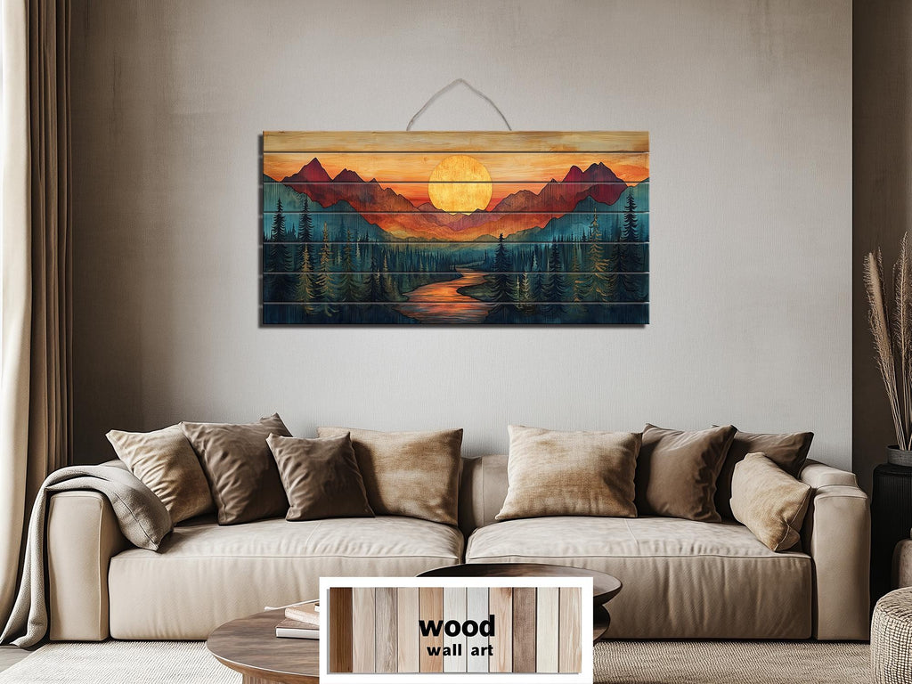 Sunset Mountain River Scene Distressed Wood Wall Art