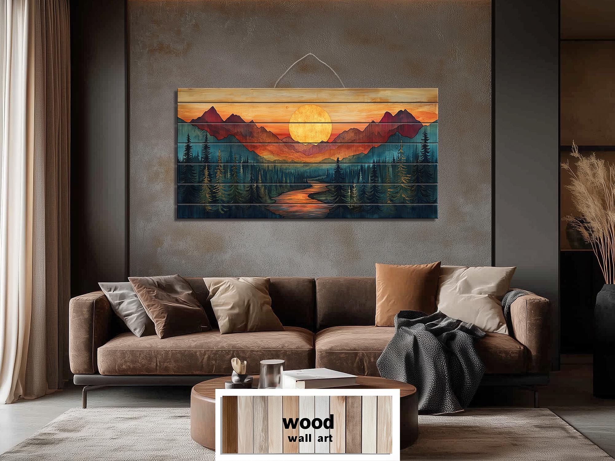 Sunset Mountain River Scene Distressed Wood Wall Art