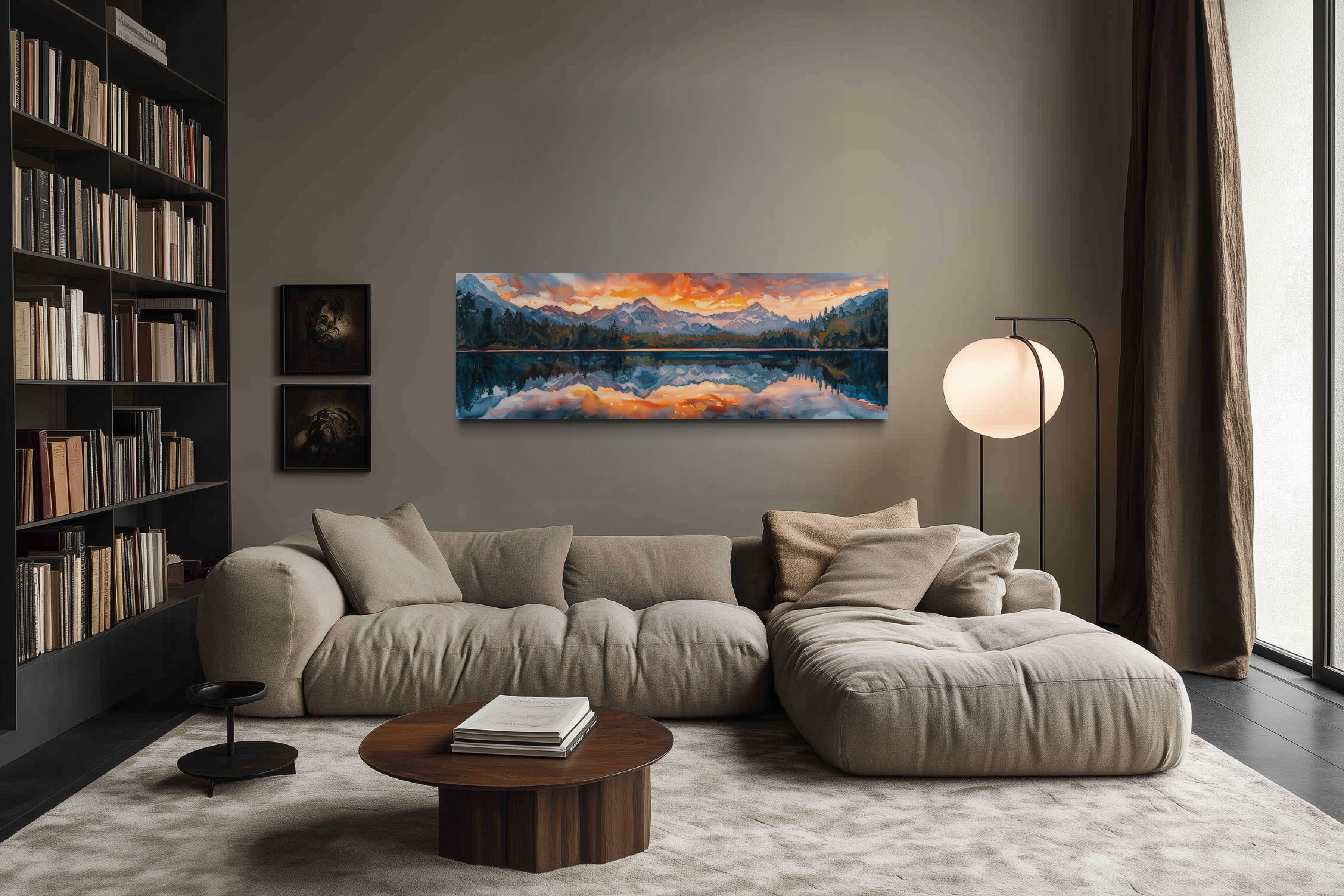 Sunset Over Mountain Lake Landscape Panoramic Framed Canvas Wall Art