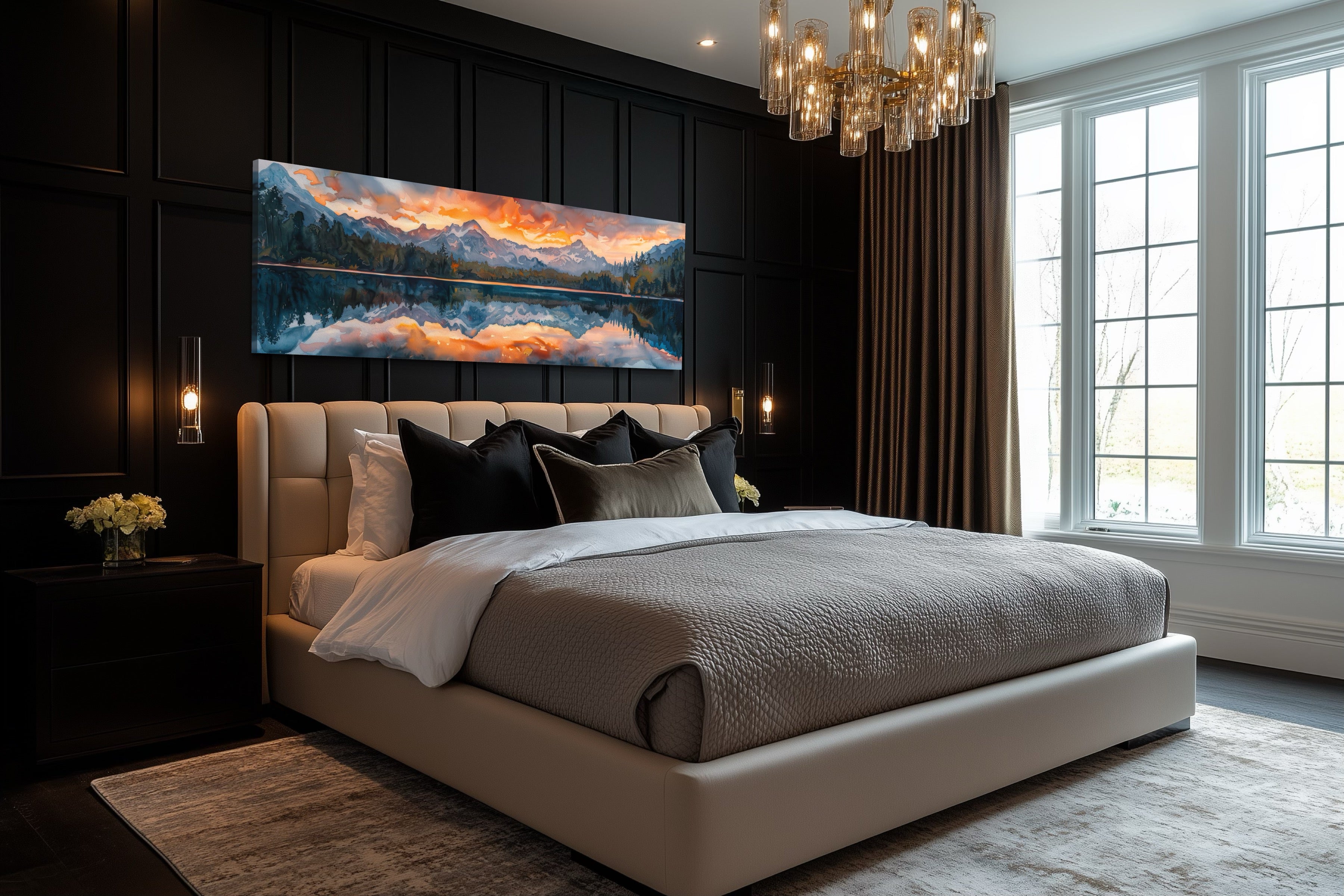 Sunset Over Mountain Lake Landscape Panoramic Framed Canvas Wall Art