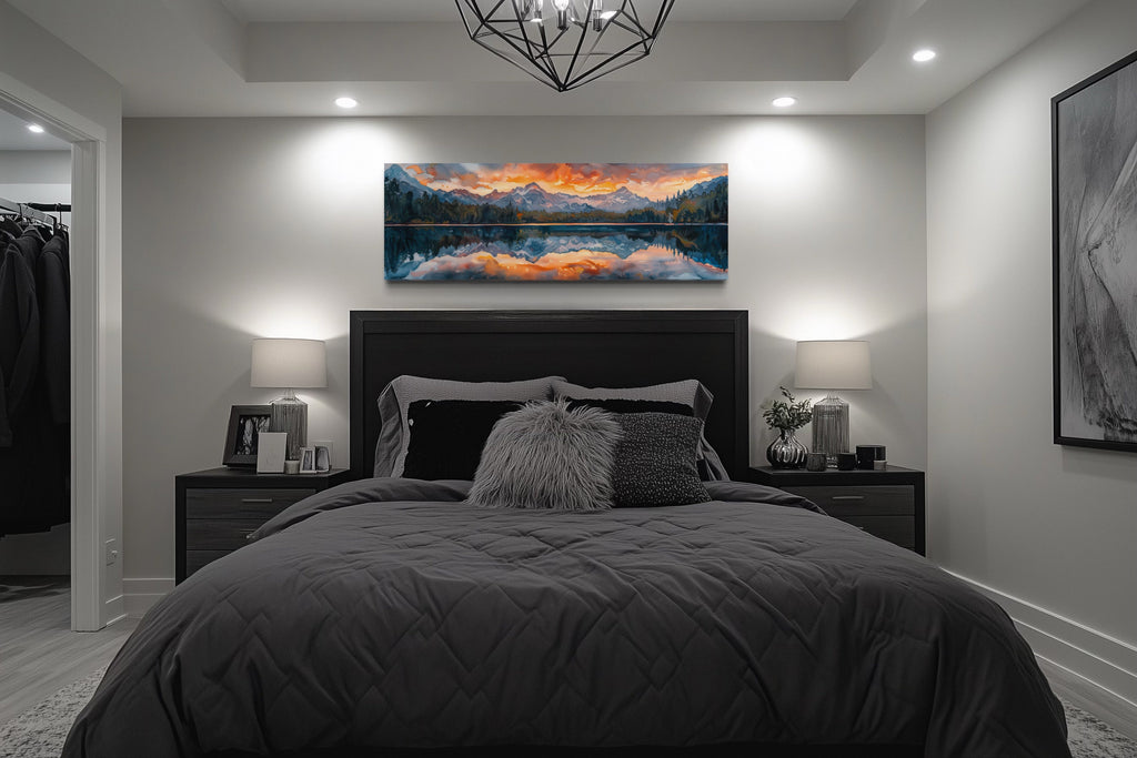 Sunset Over Mountain Lake Landscape Panoramic Framed Canvas Wall Art