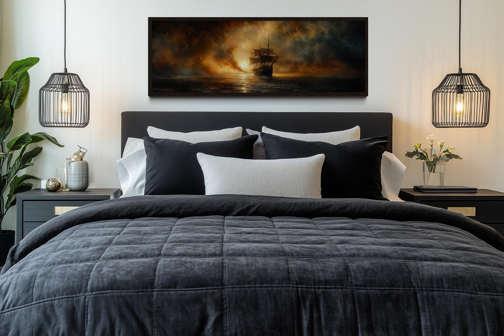 Sunset Sailing Ship Long Horizontal Gold Black Canvas Wall Art