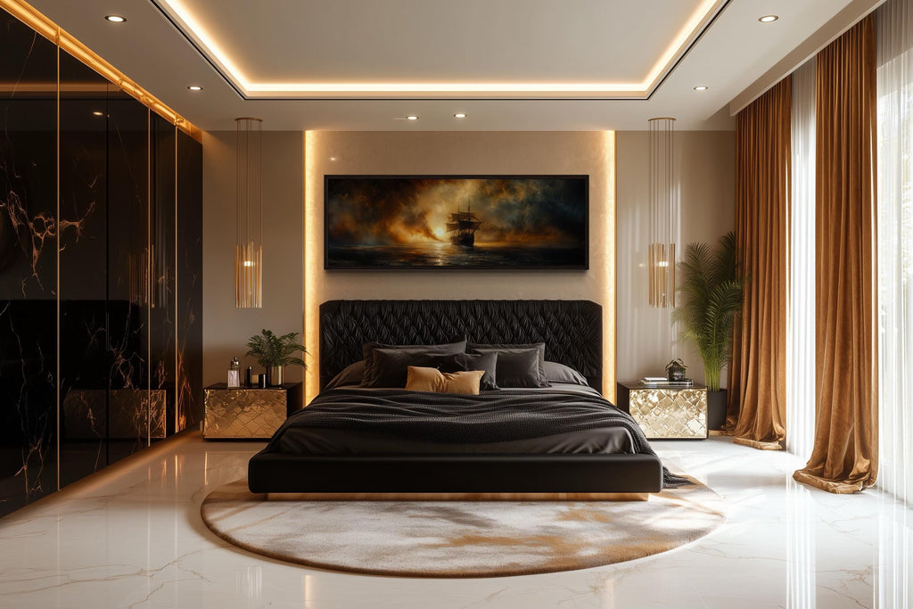 Sunset Sailing Ship Long Horizontal Gold Black Canvas Wall Art