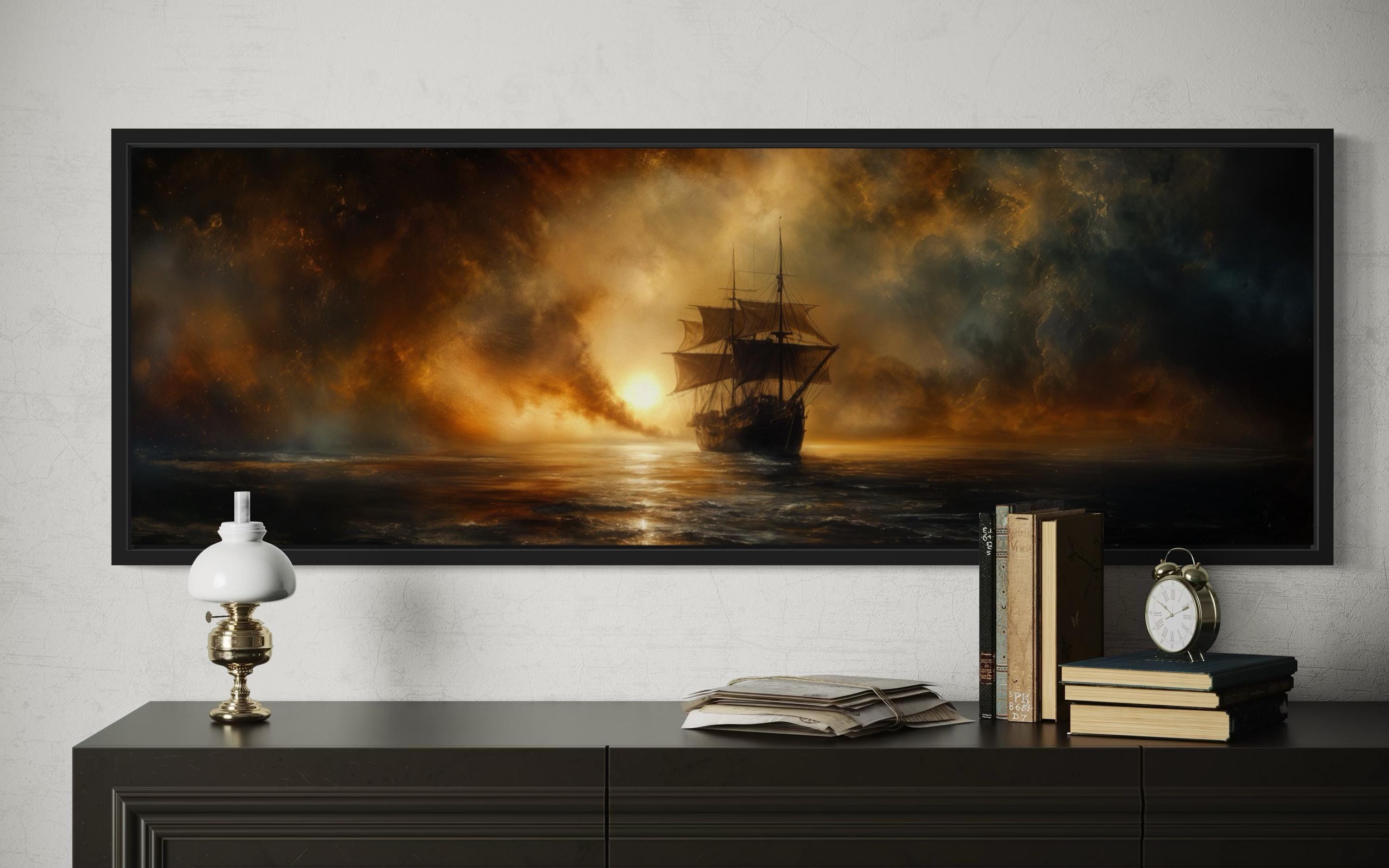 Sunset Sailing Ship Long Horizontal Gold Black Canvas Wall Art