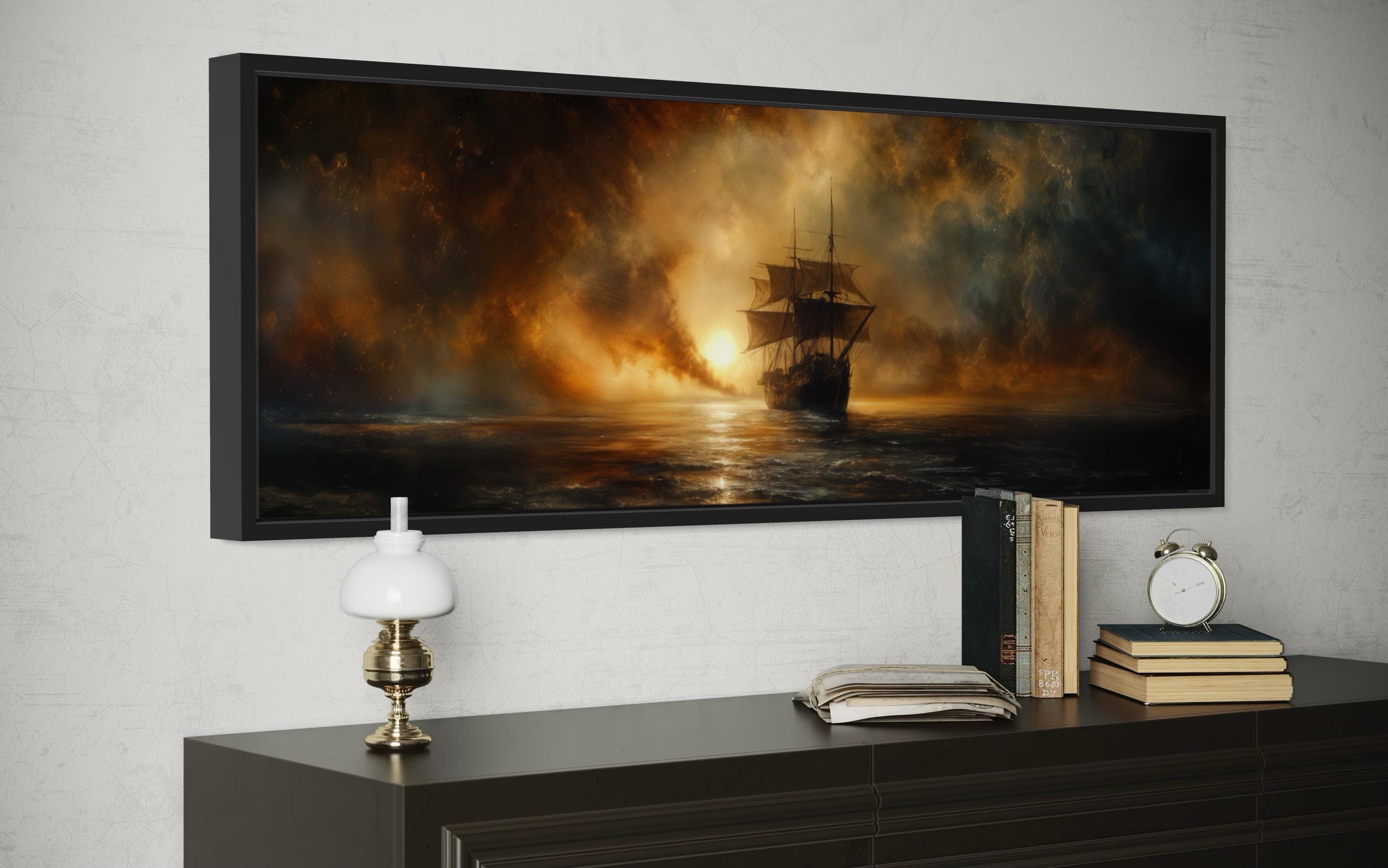 Sunset Sailing Ship Long Horizontal Gold Black Canvas Wall Art