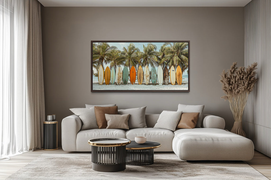 Surfboards On The Beach Framed Canvas Wall Art