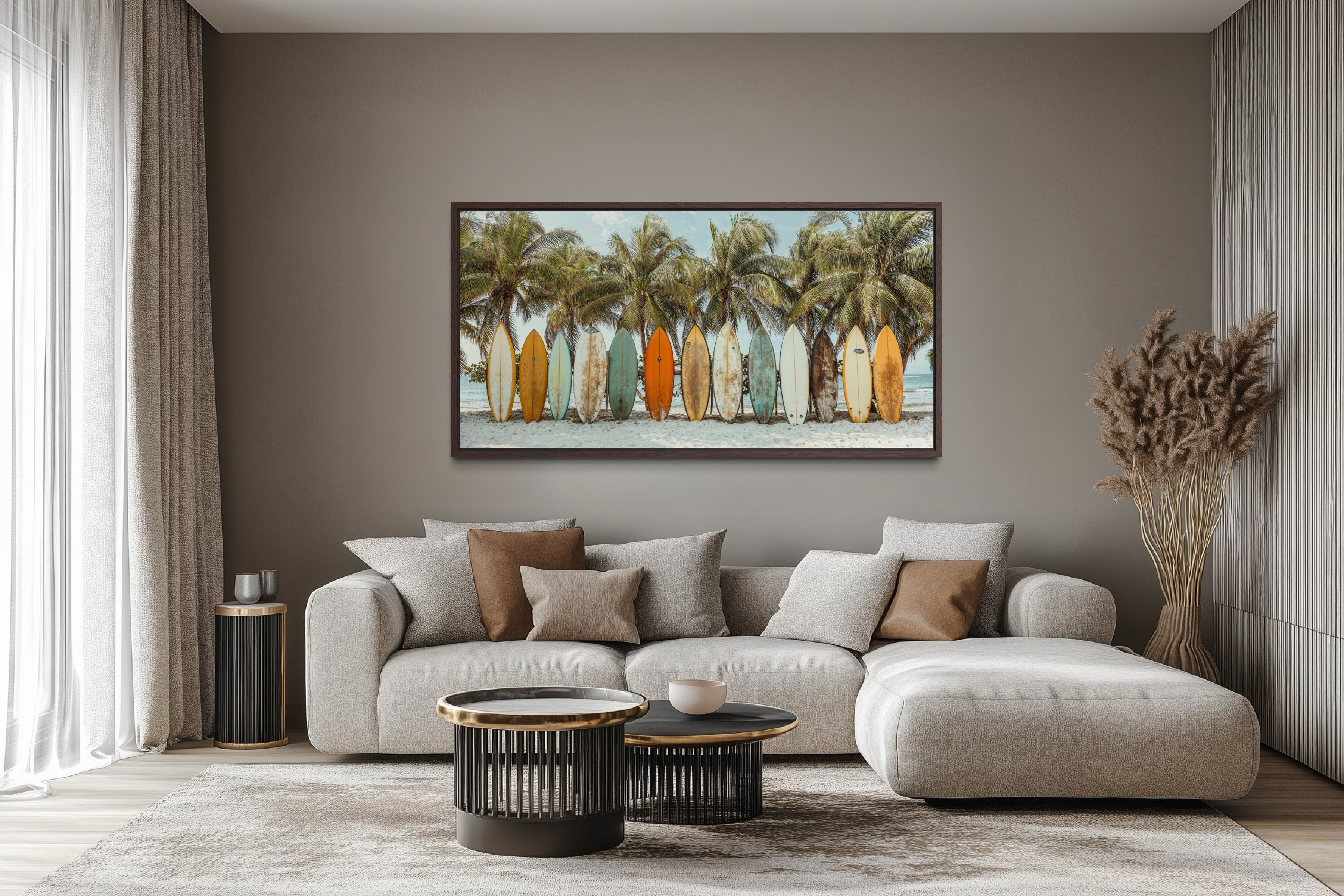 Surfboards On The Beach Framed Canvas Wall Art