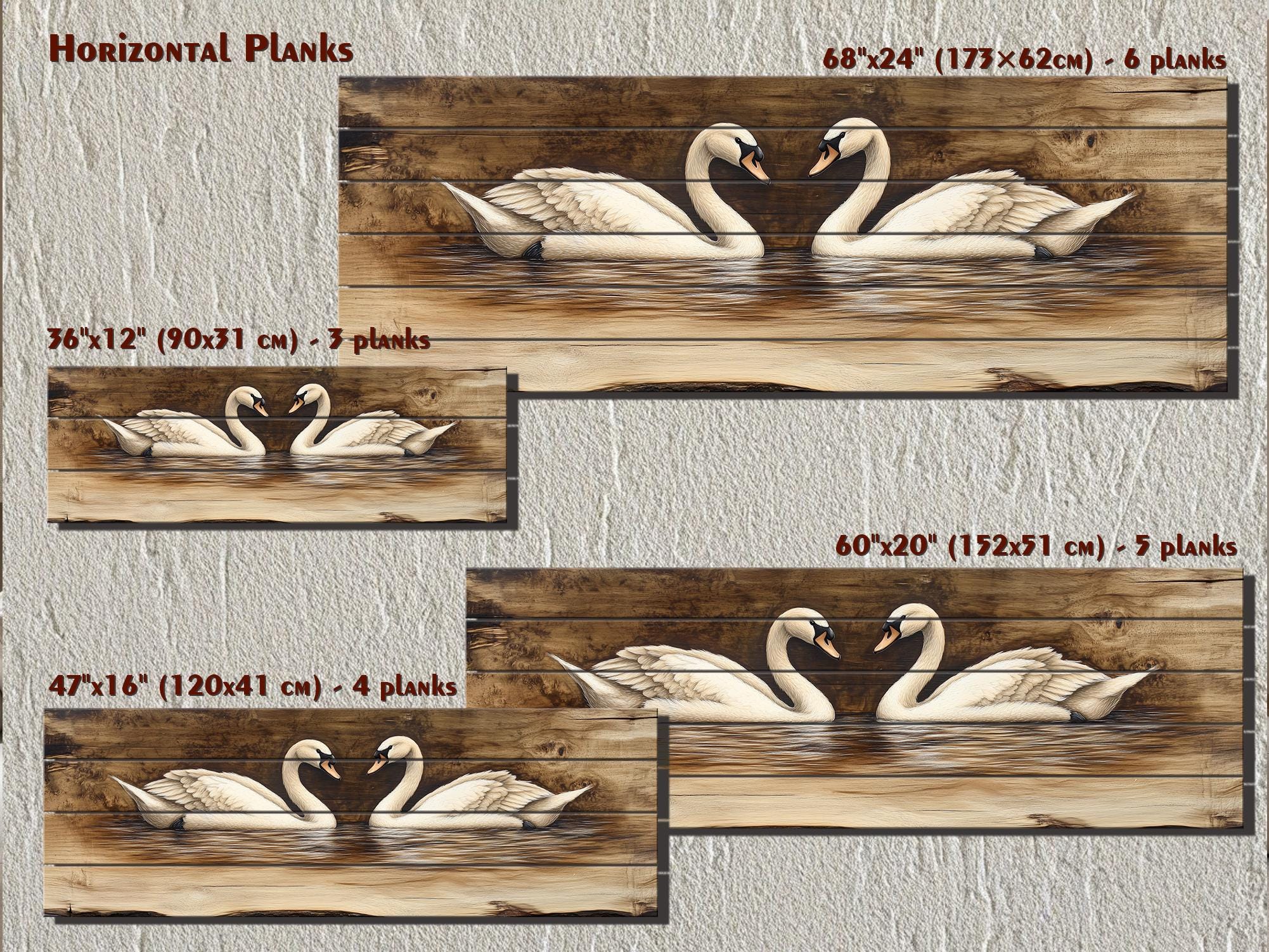 Swan Couple Real Long Horizontal Wood Wall Art