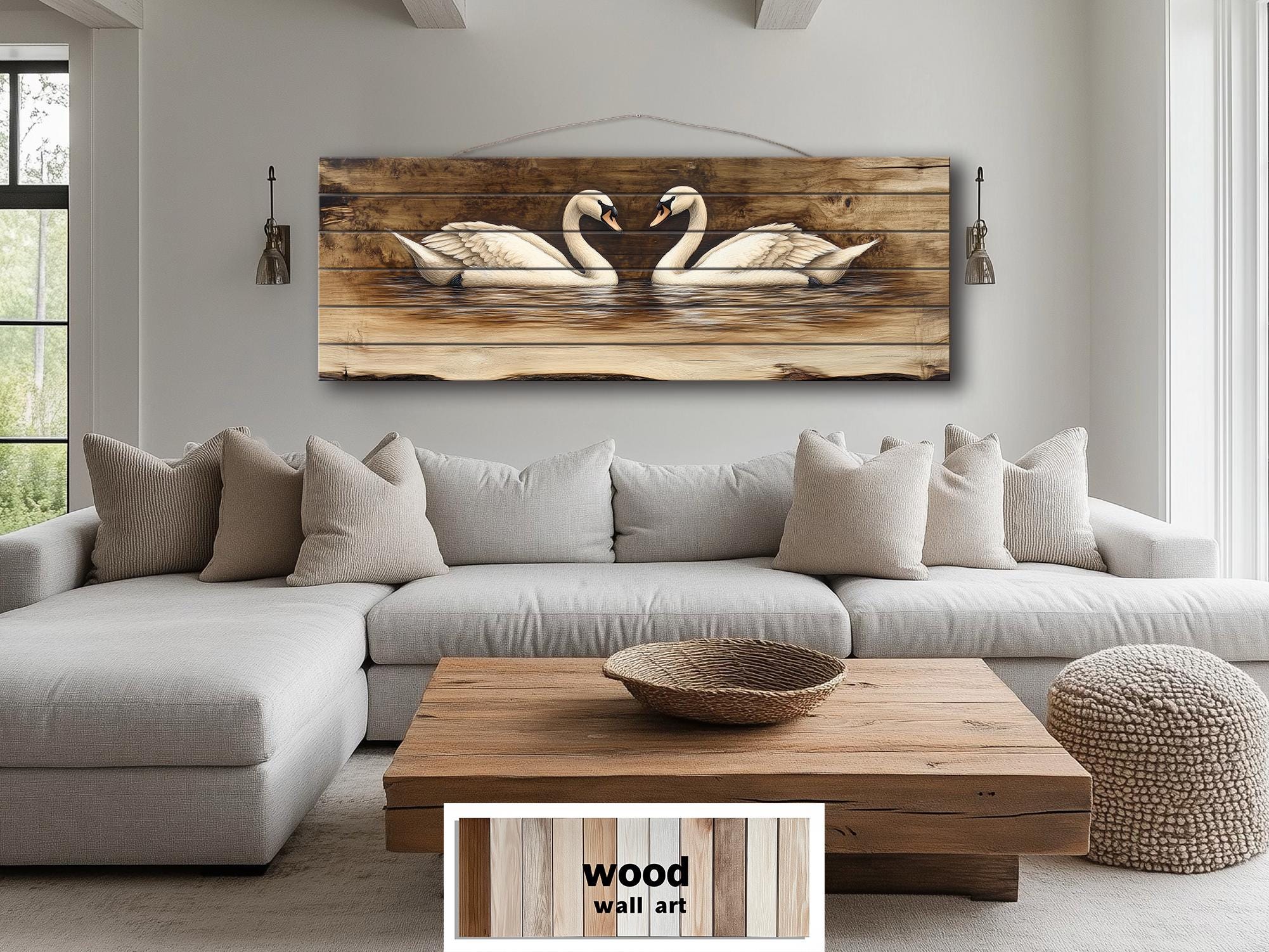 Swan Couple Real Long Horizontal Wood Wall Art