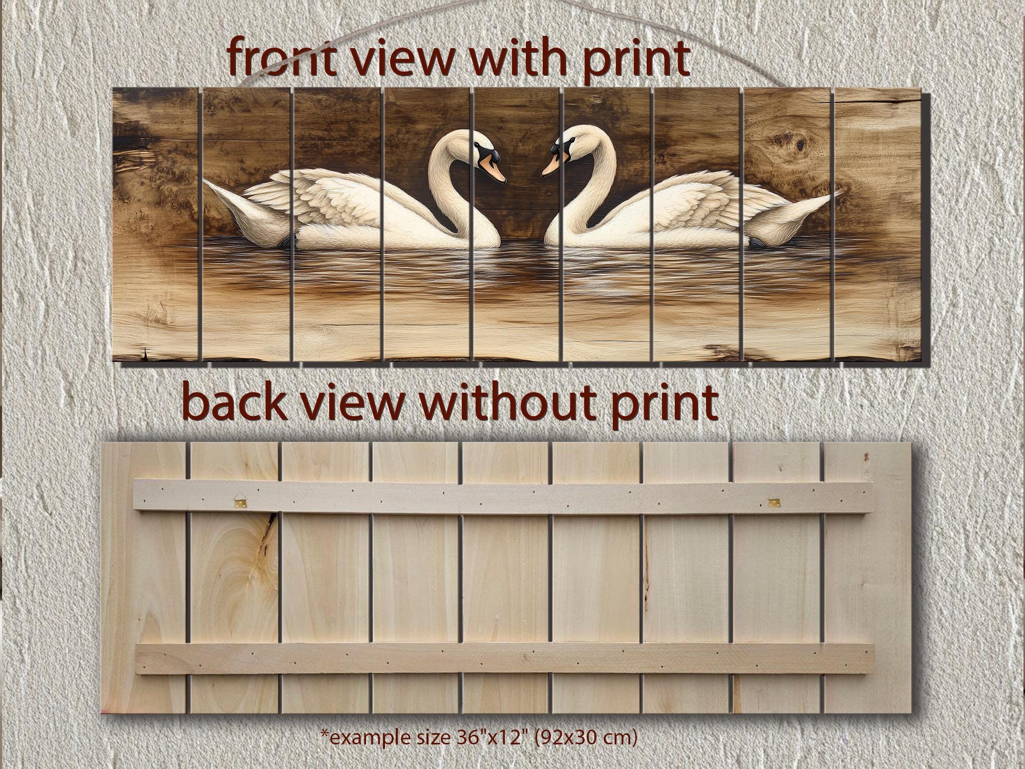 Swan Couple Real Long Horizontal Wood Wall Art