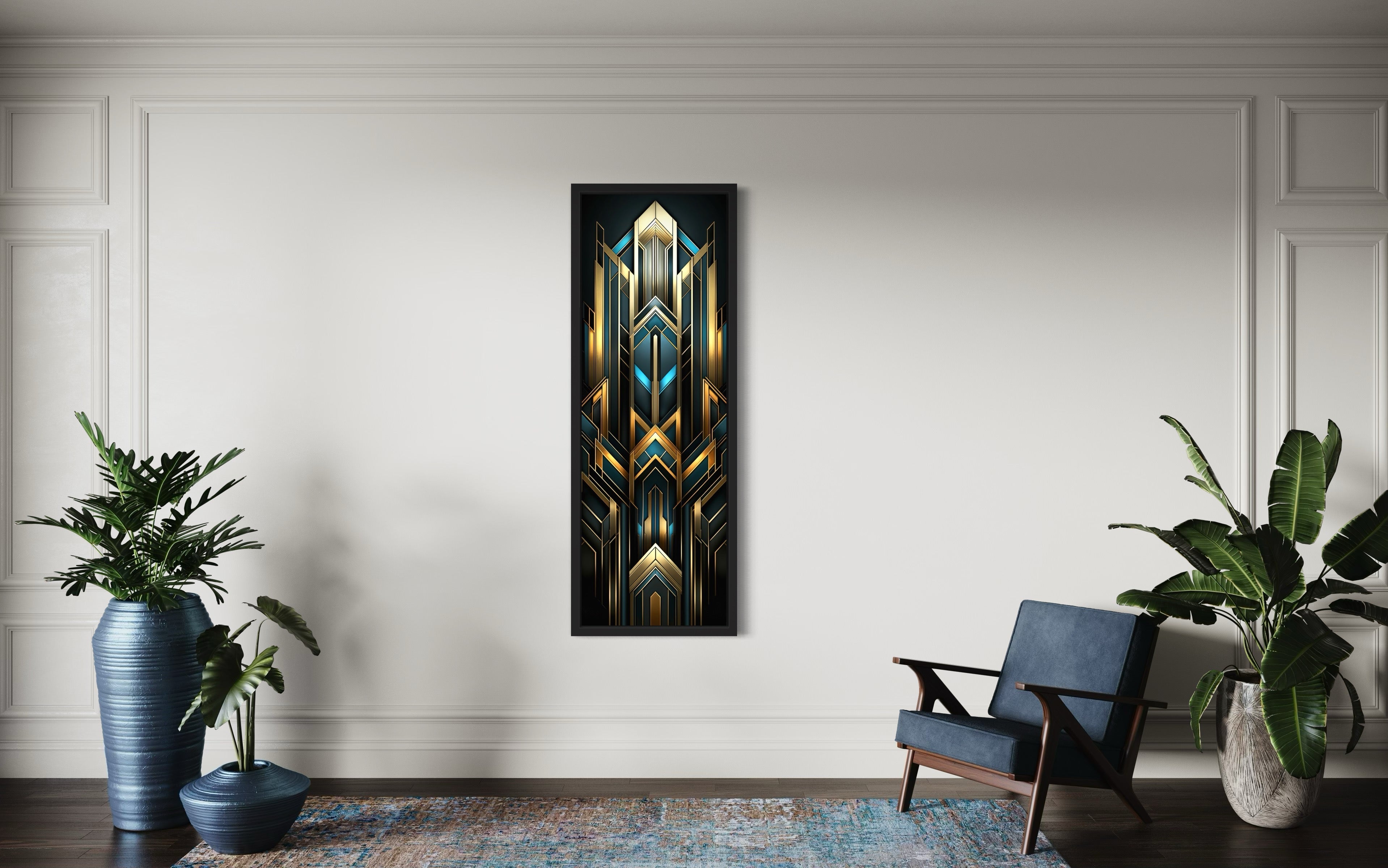 Tall Narrow Art Deco Gold Black Blue Vertical Framed Canvas Wall Art