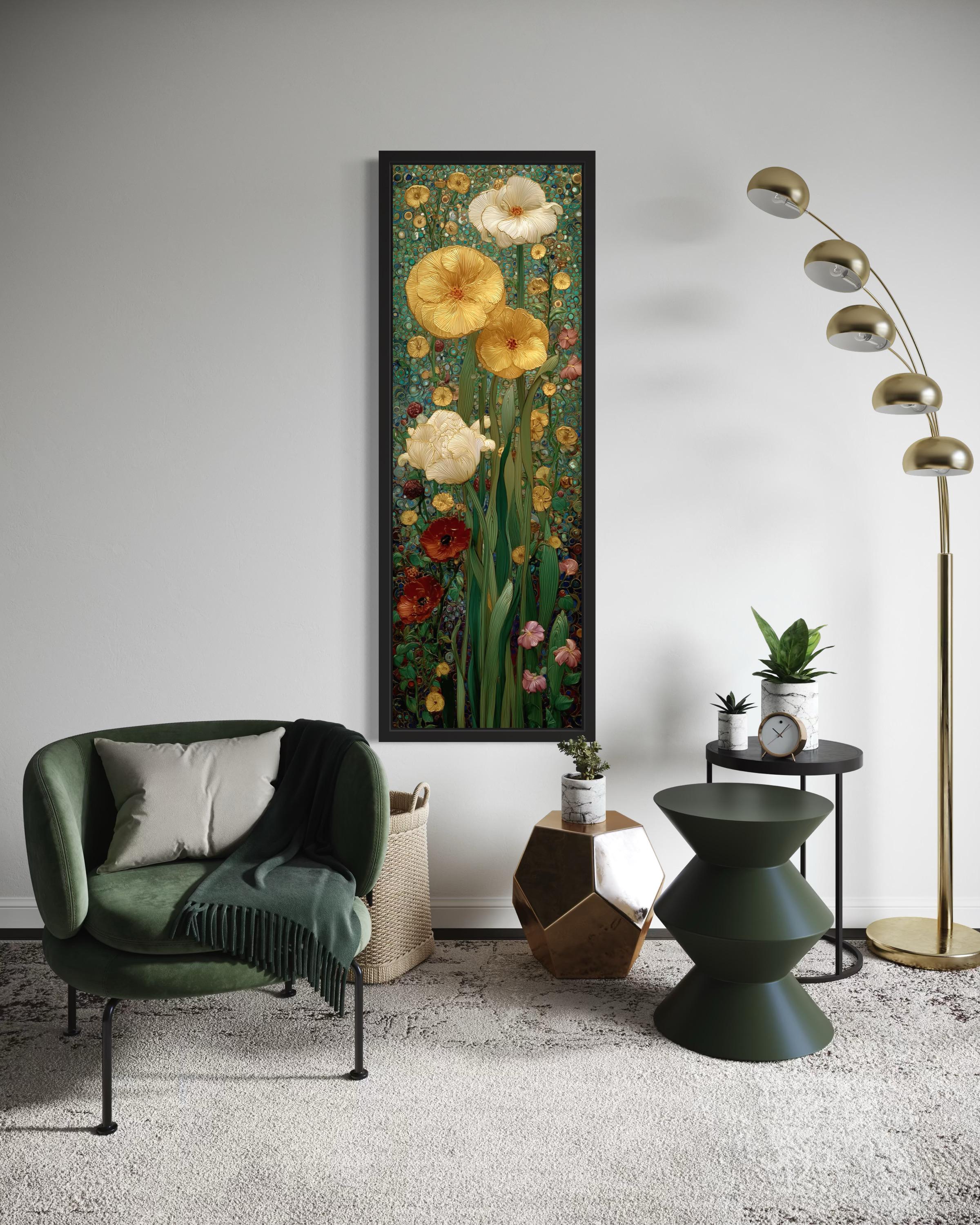 Tall Narrow Art Nouveau Flowers Stained Glass Style Framed Canvas Wall Art