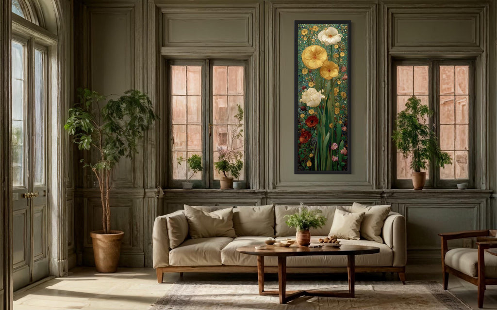 Tall Narrow Art Nouveau Flowers Stained Glass Style Framed Canvas Wall Art
