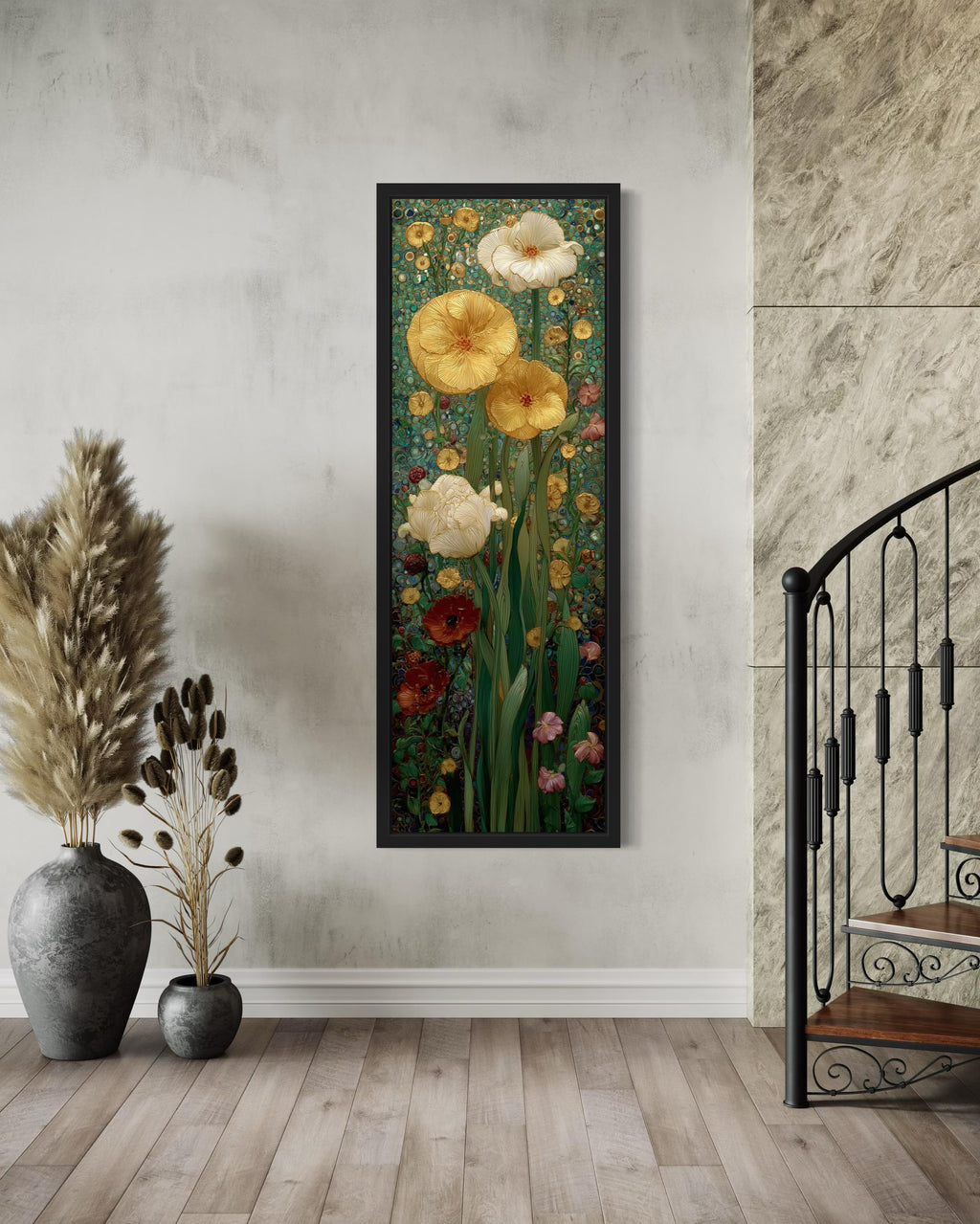 Tall Narrow Art Nouveau Flowers Stained Glass Style Framed Canvas Wall Art