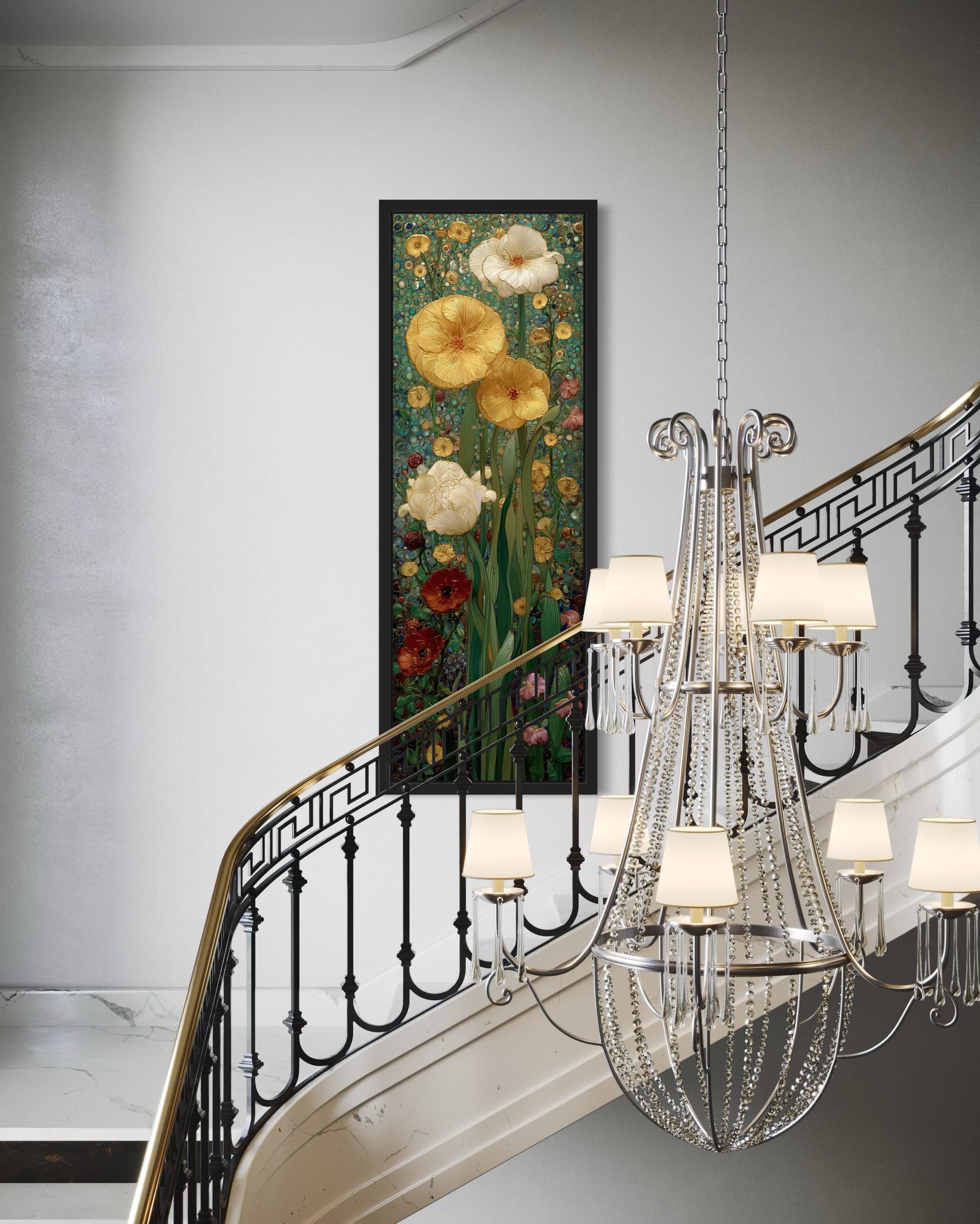 Tall Narrow Art Nouveau Flowers Stained Glass Style Framed Canvas Wall Art