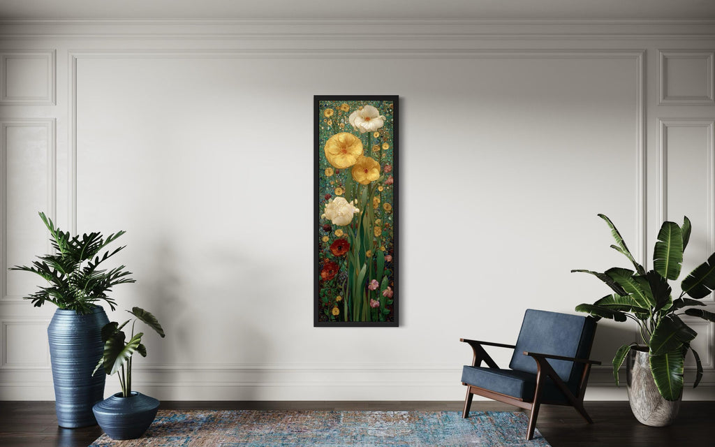 Tall Narrow Art Nouveau Flowers Stained Glass Style Framed Canvas Wall Art