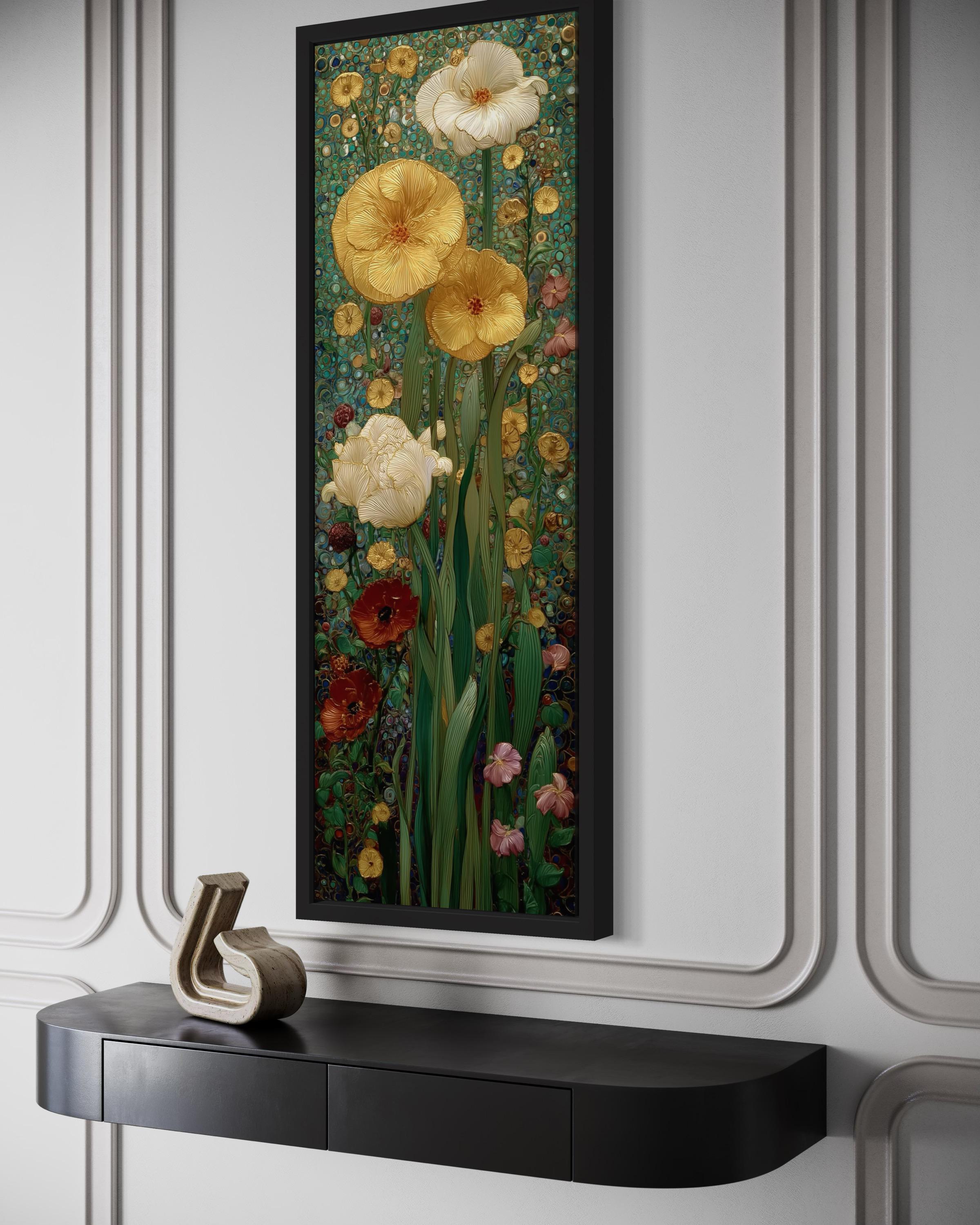 Tall Narrow Art Nouveau Flowers Stained Glass Style Framed Canvas Wall Art