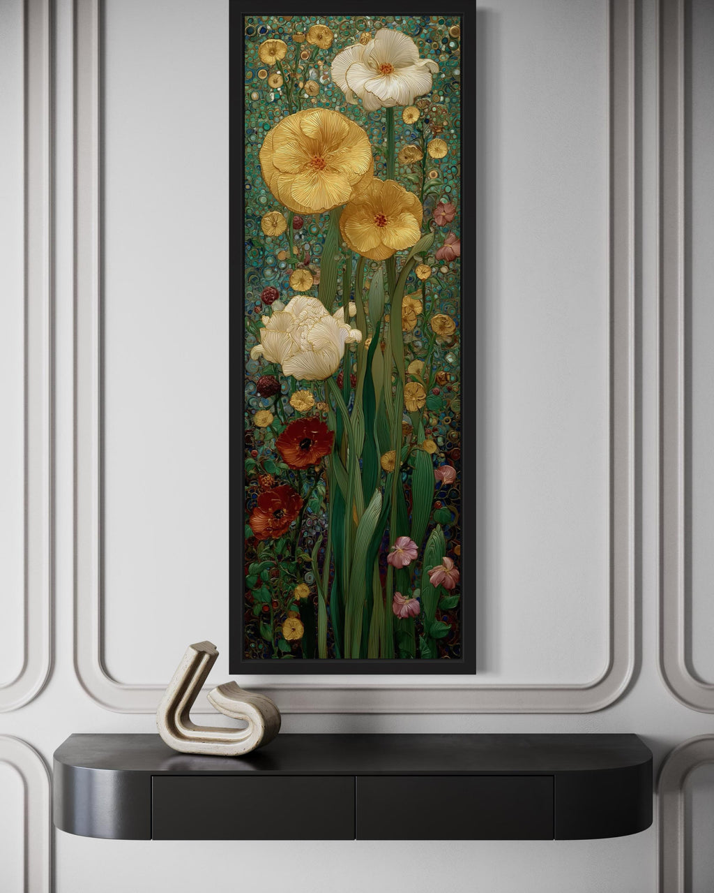 Tall Narrow Art Nouveau Flowers Stained Glass Style Framed Canvas Wall Art