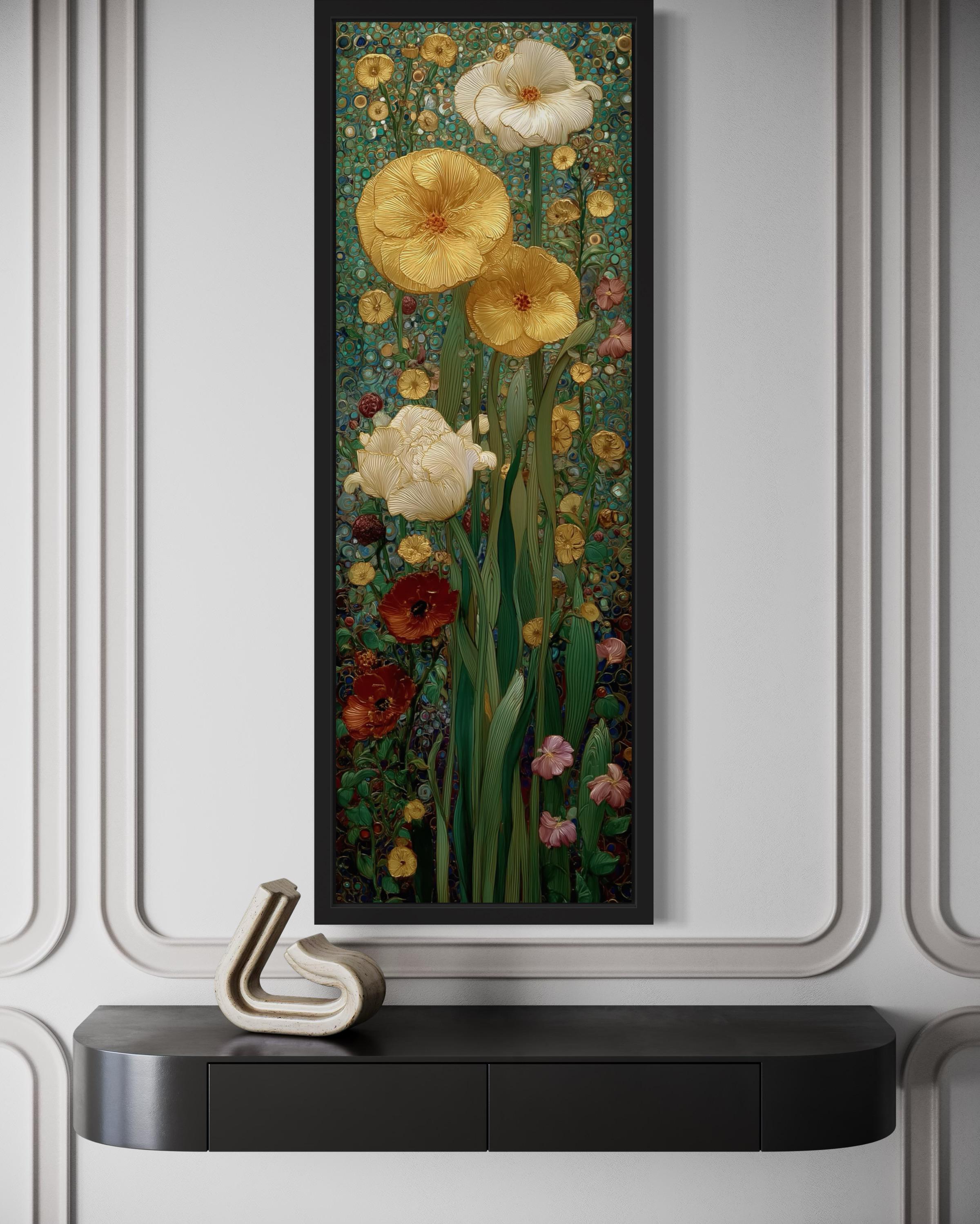 Tall Narrow Art Nouveau Flowers Stained Glass Style Framed Canvas Wall Art