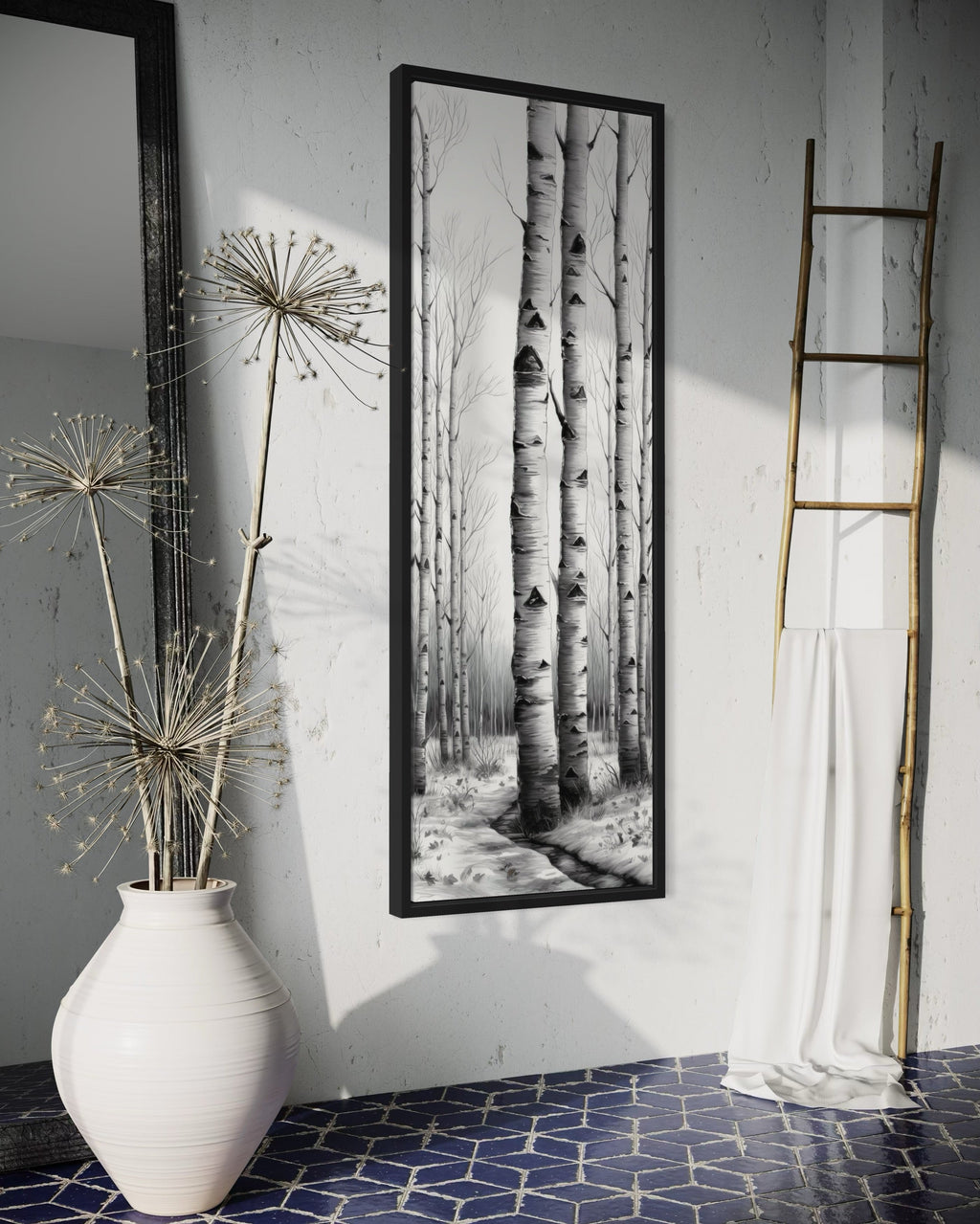 Tall Narrow Birch Trees Black White Vertical Framed Canvas Wall Art