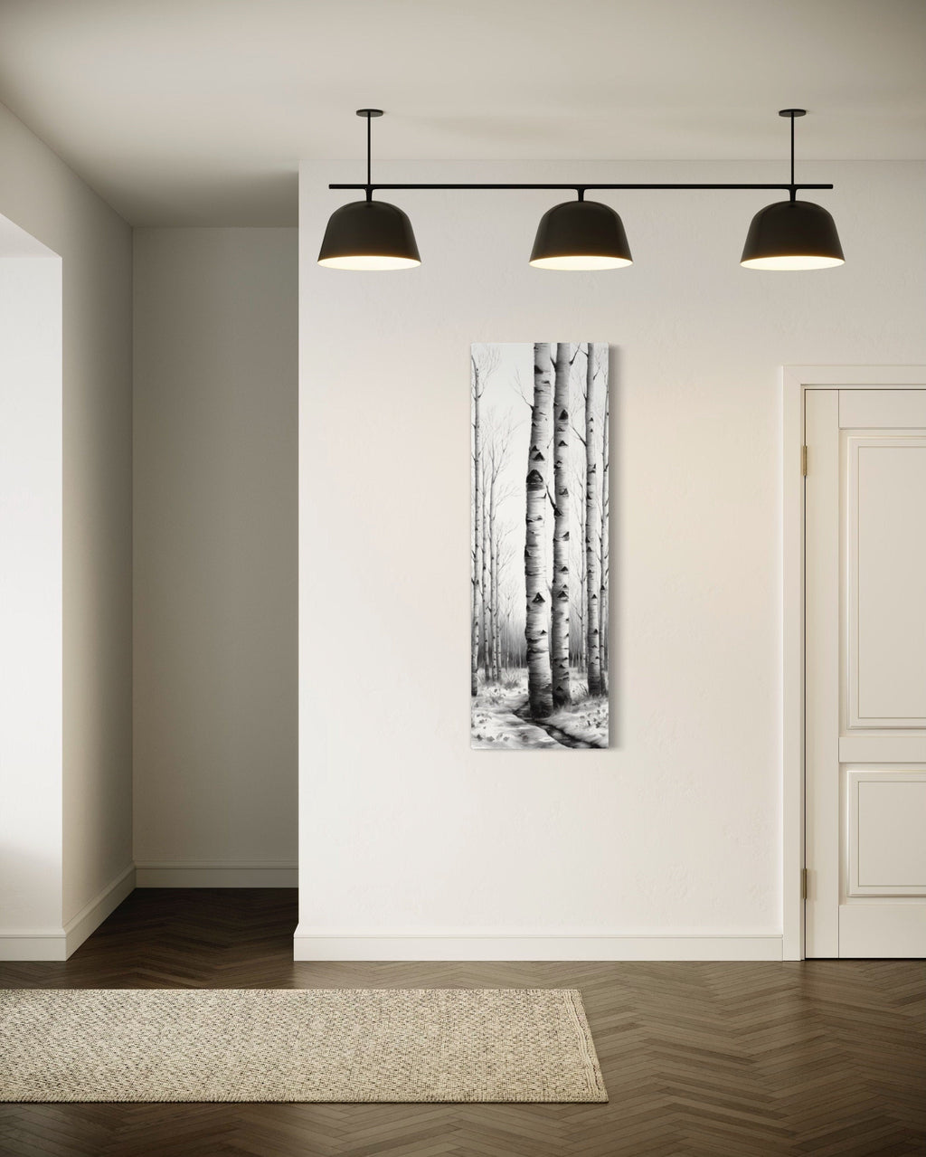 Tall Narrow Birch Trees Black White Vertical Framed Canvas Wall Art