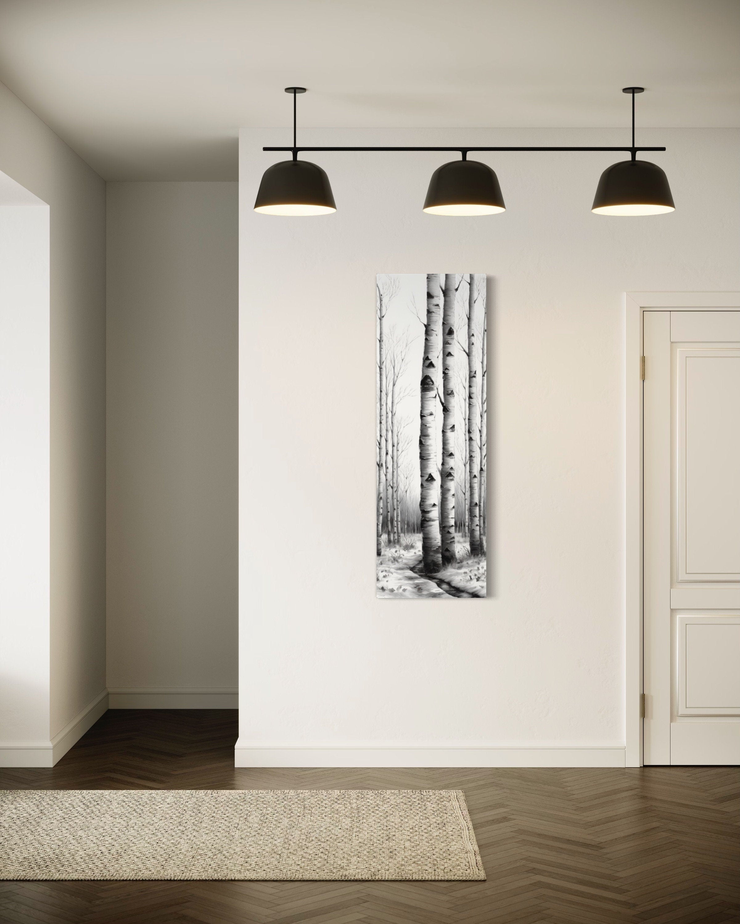 Tall Narrow Birch Trees Black White Vertical Framed Canvas Wall Art