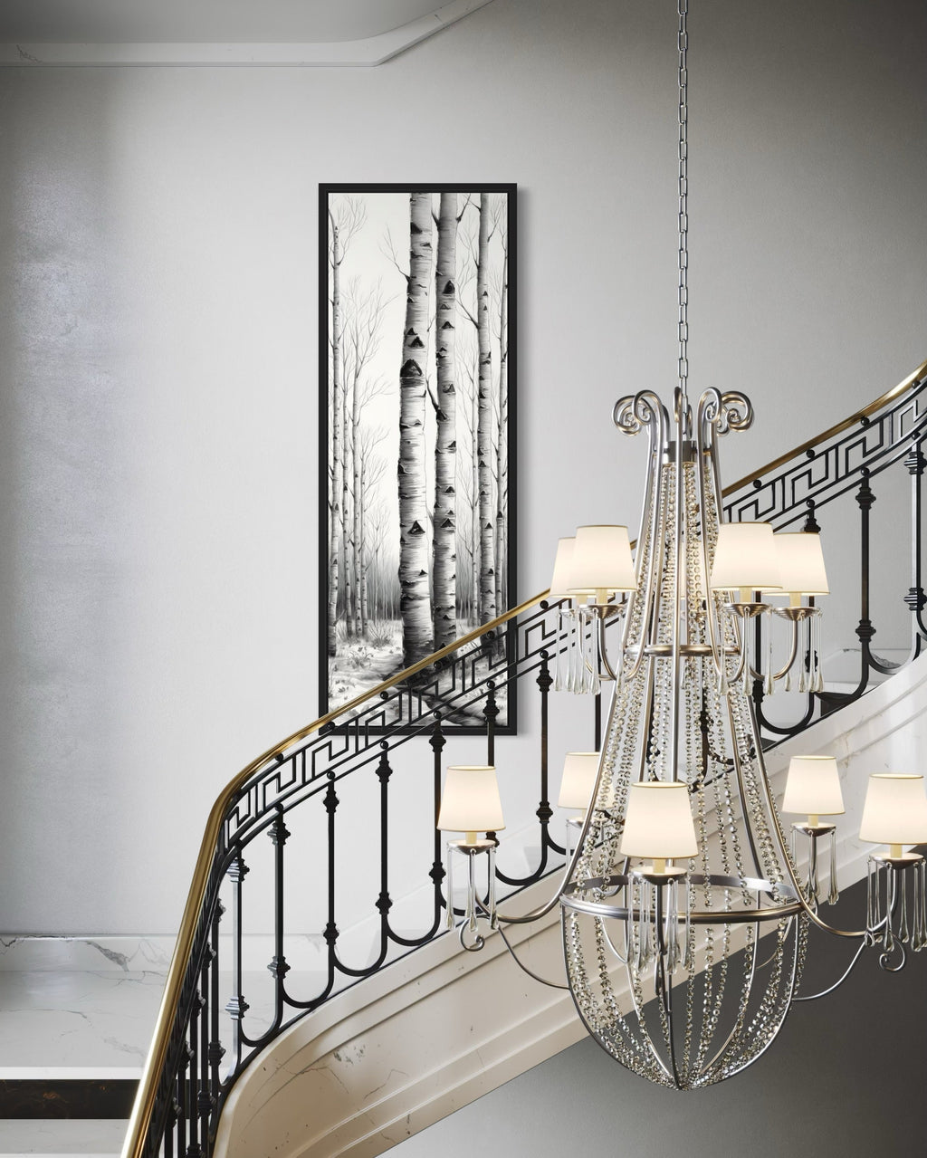Tall Narrow Birch Trees Black White Vertical Framed Canvas Wall Art