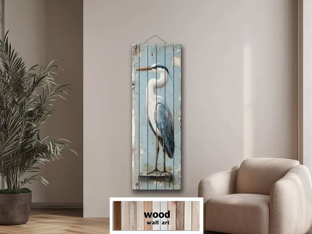 Tall Narrow Blue Heron Real Wood Wall Art