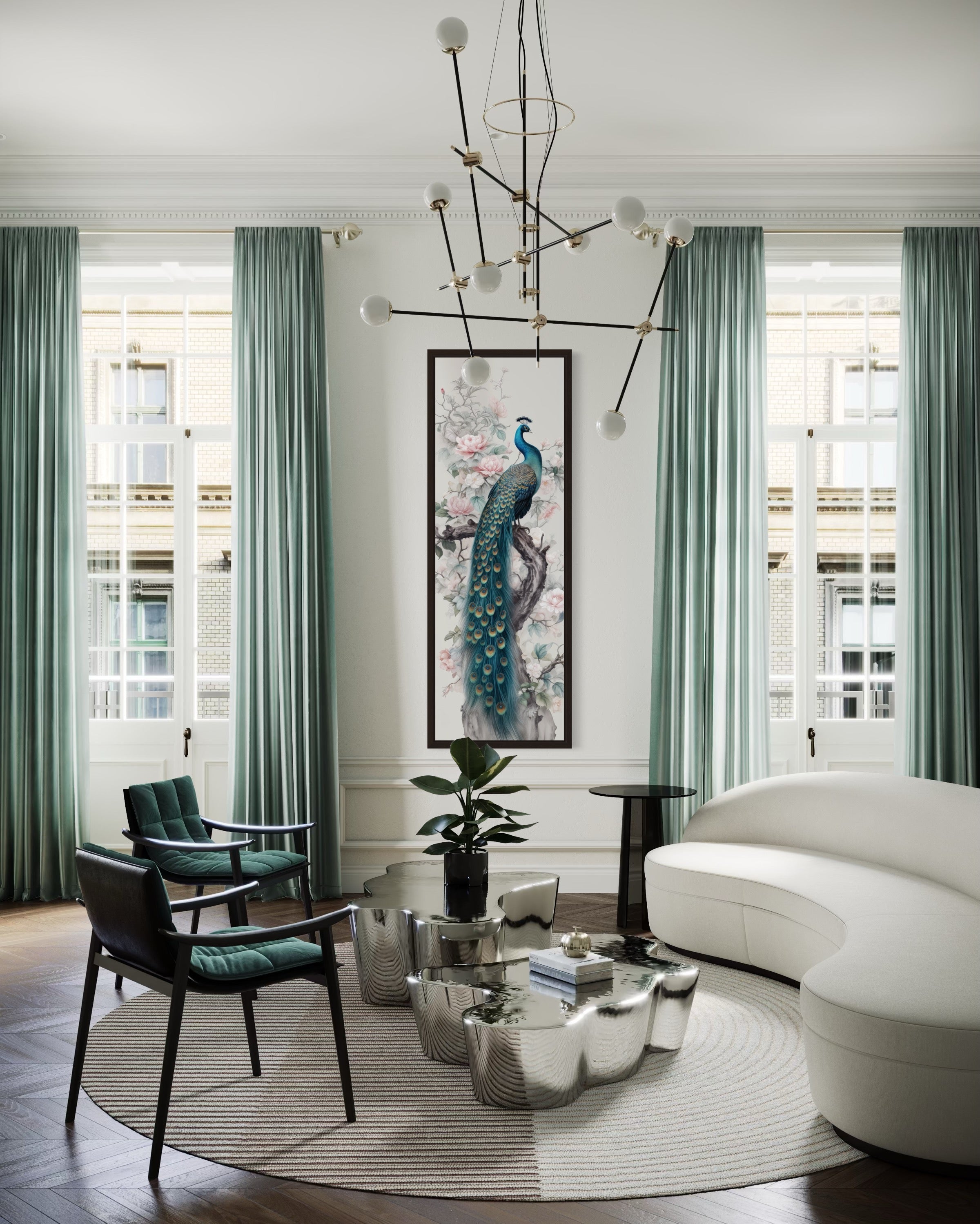 Tall Narrow Chinoiserie Peacock Vertical Framed Canvas Wall Art
