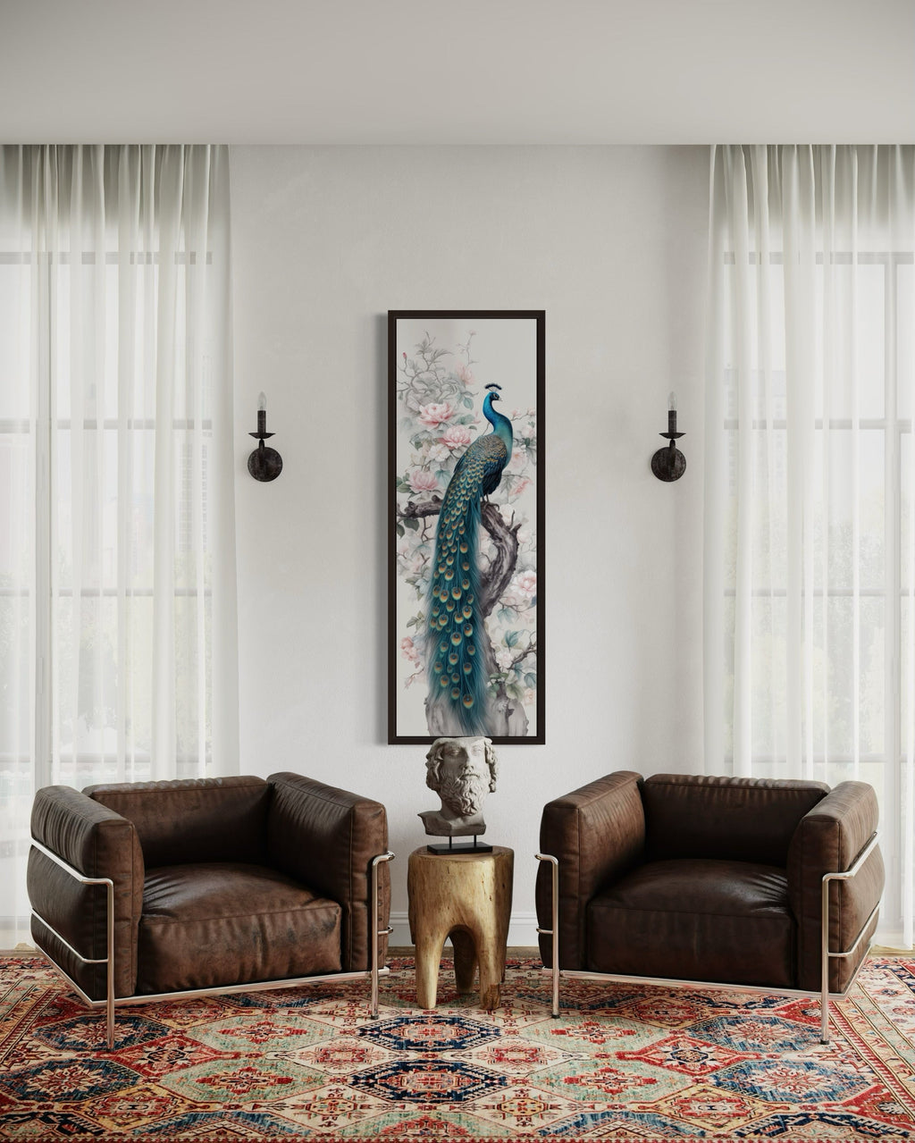 Tall Narrow Chinoiserie Peacock Vertical Framed Canvas Wall Art
