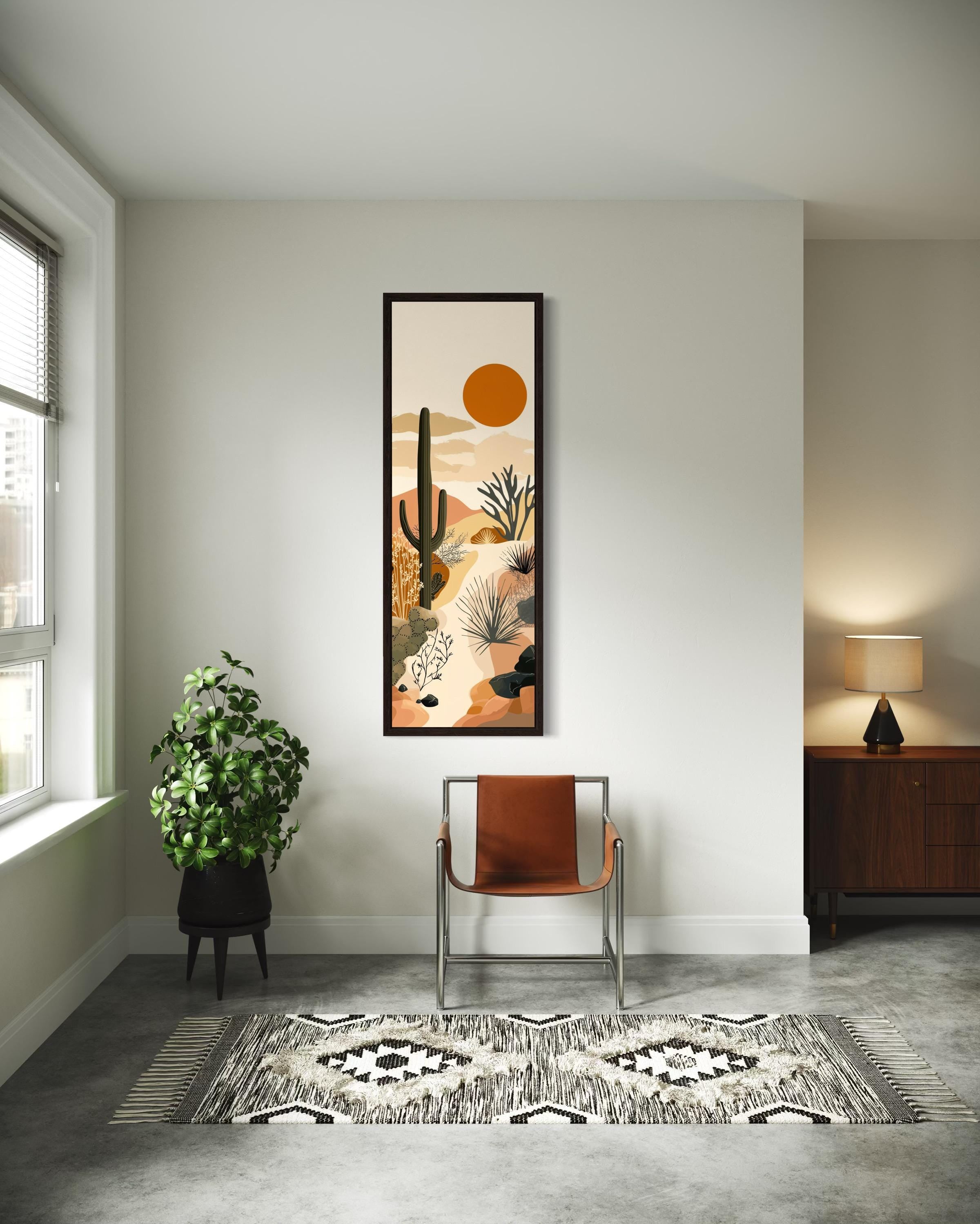 Tall Narrow Desert Cactus Framed Canvas Wall Art