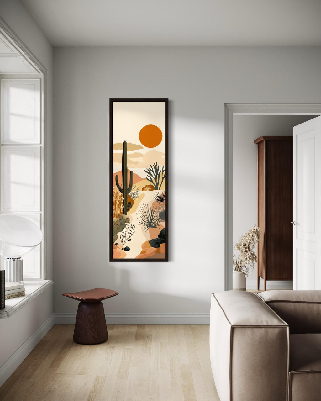 Tall Narrow Desert Cactus Framed Canvas Wall Art