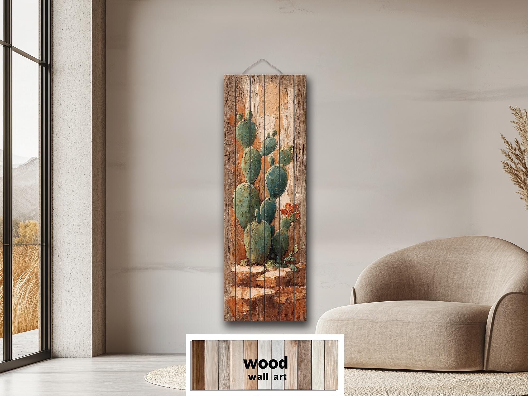 Tall Narrow Distressed Cactus Wood Wall Decor