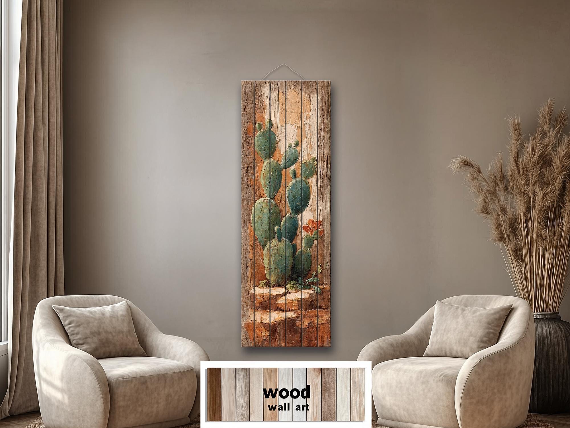 Tall Narrow Distressed Cactus Wood Wall Decor