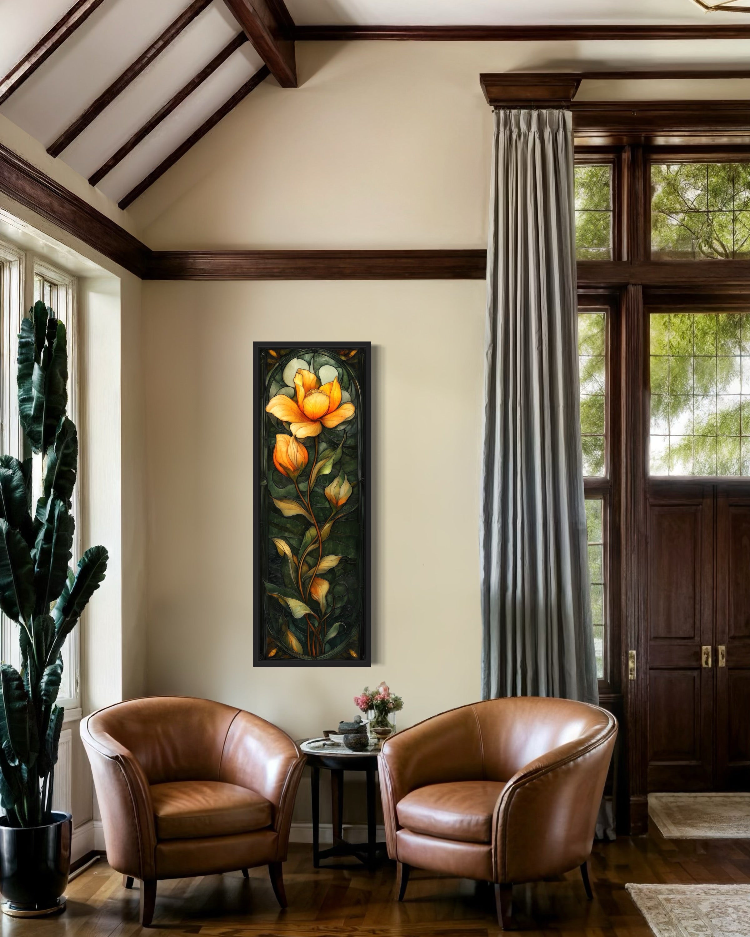Tall Narrow Emerald Green Gold Floral Vertical Framed Canvas Wall Art