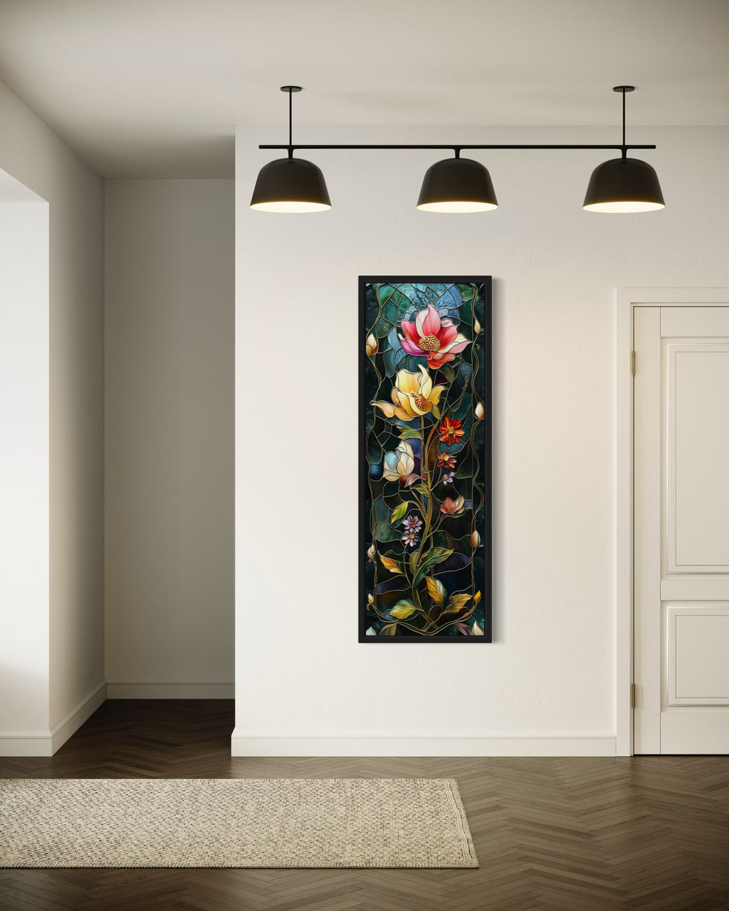 Tall Narrow Floral Art Nouveau Vertical Framed Canvas Wall Art