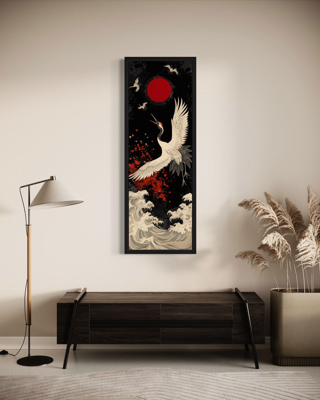 Tall Narrow Japanese Crane Red Black White Framed Canvas Wall Art