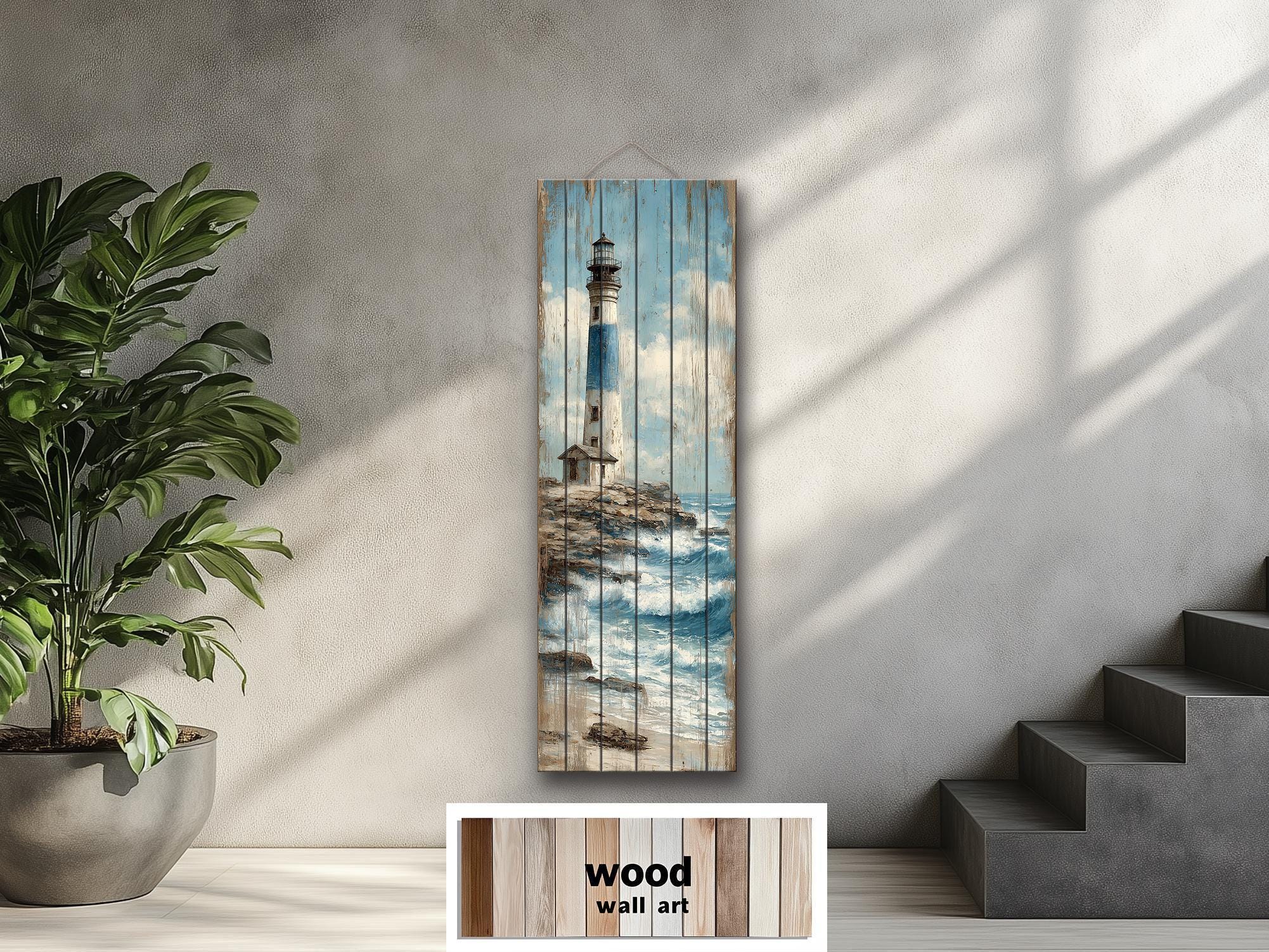 Tall Narrow Lighthouse Distressed Wood Wall Art For Coastal Decor