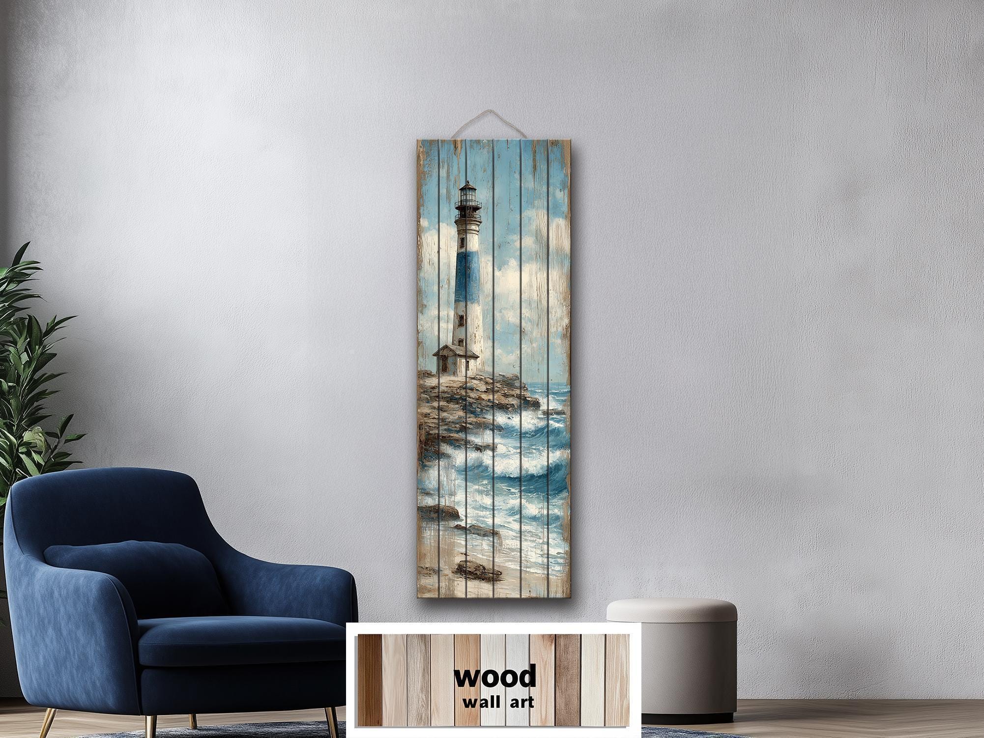 Tall Narrow Lighthouse Distressed Wood Wall Art For Coastal Decor