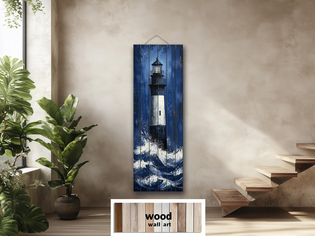 Tall Narrow Lighthouse in Ocean Waves Vertical Distressed Wood Wall Art