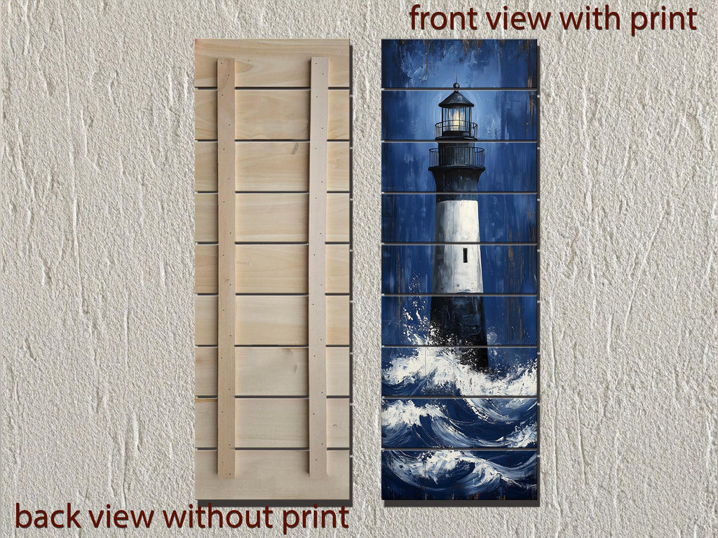 Tall Narrow Lighthouse in Ocean Waves Vertical Distressed Wood Wall Art