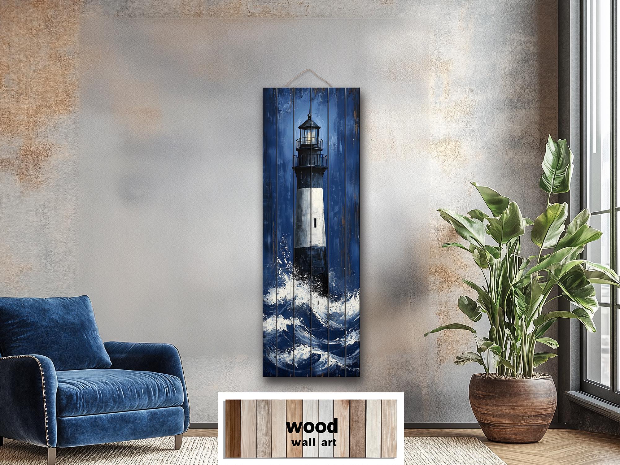 Tall Narrow Lighthouse in Ocean Waves Vertical Distressed Wood Wall Art