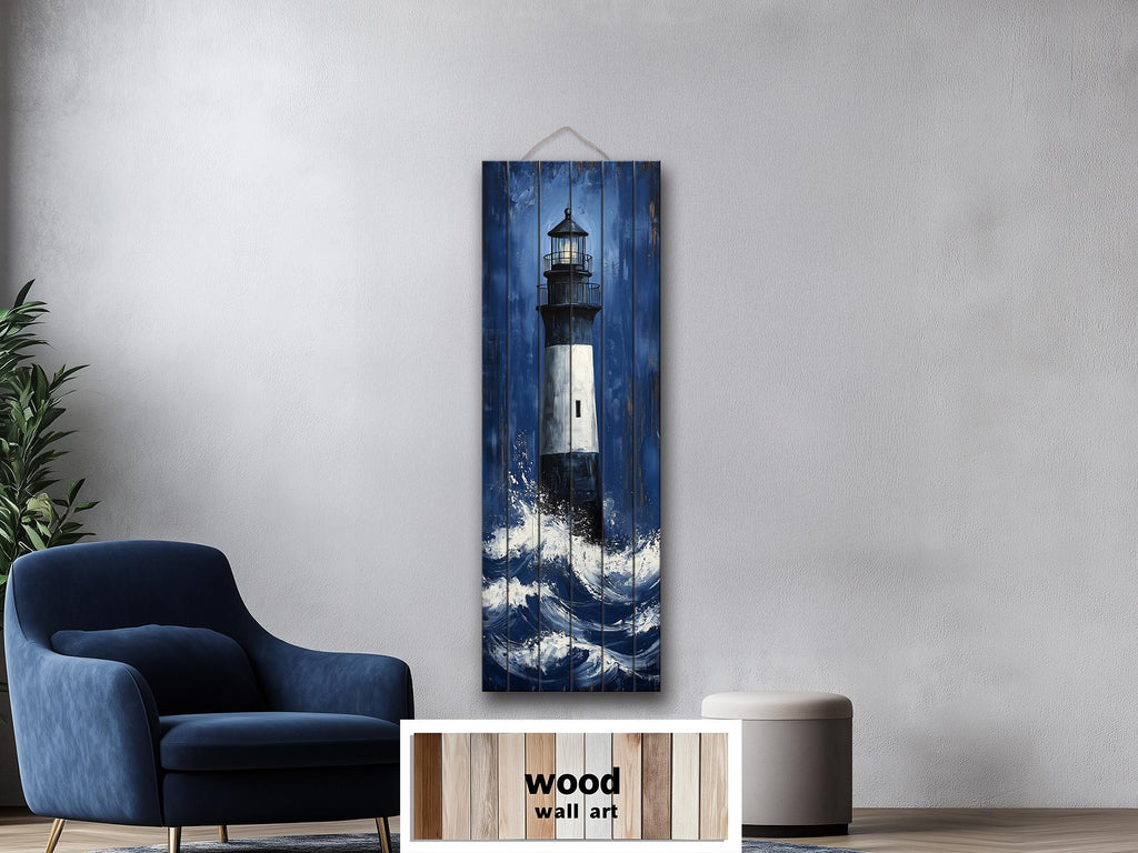 Tall Narrow Lighthouse in Ocean Waves Vertical Distressed Wood Wall Art