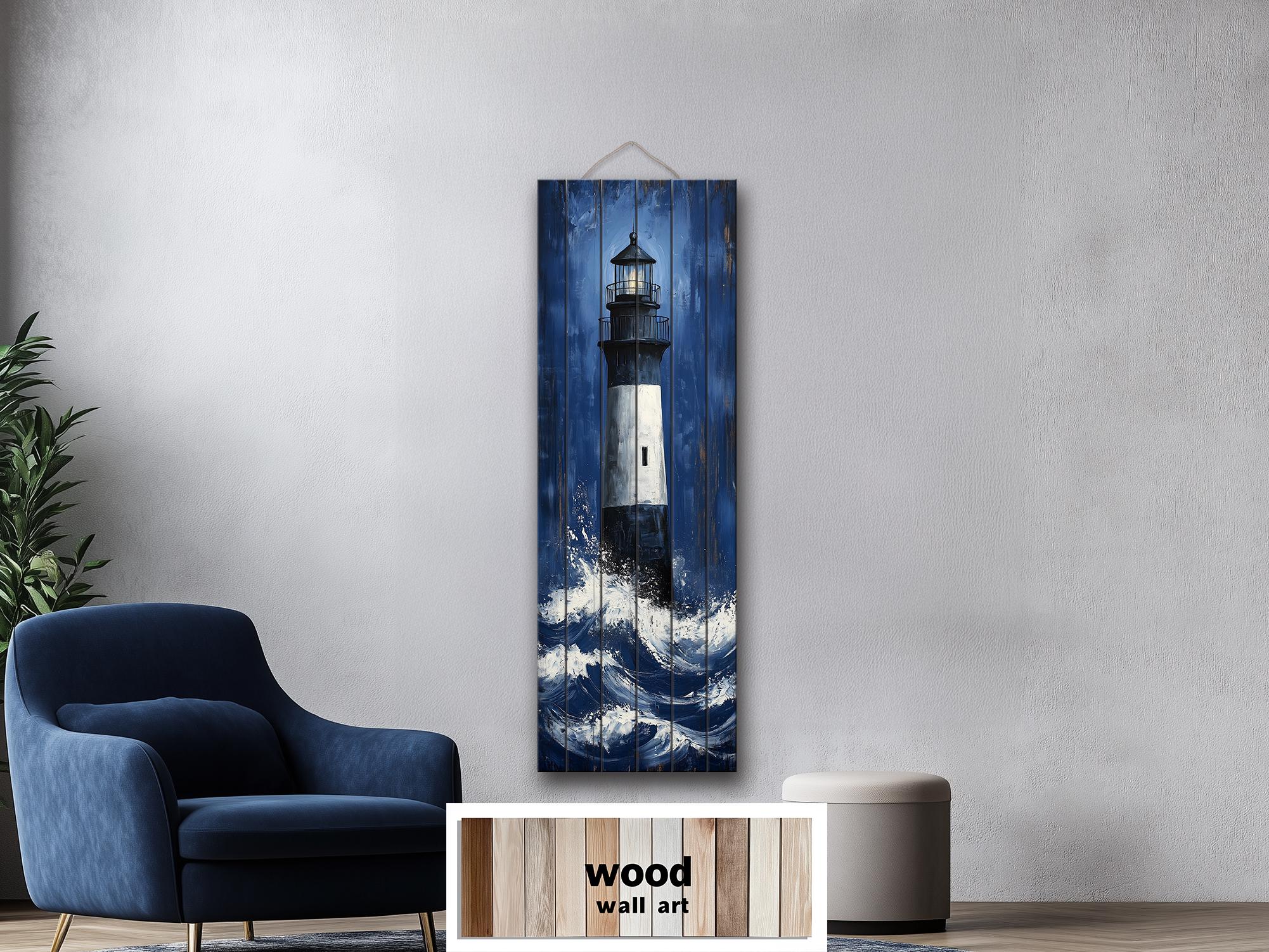 Tall Narrow Lighthouse in Ocean Waves Vertical Distressed Wood Wall Art