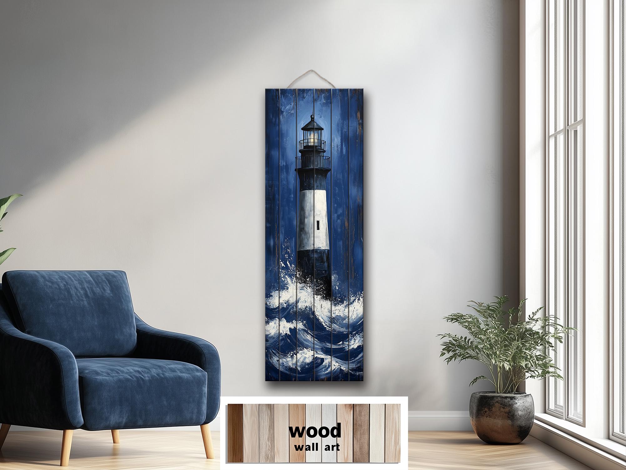 Tall Narrow Lighthouse in Ocean Waves Vertical Distressed Wood Wall Art