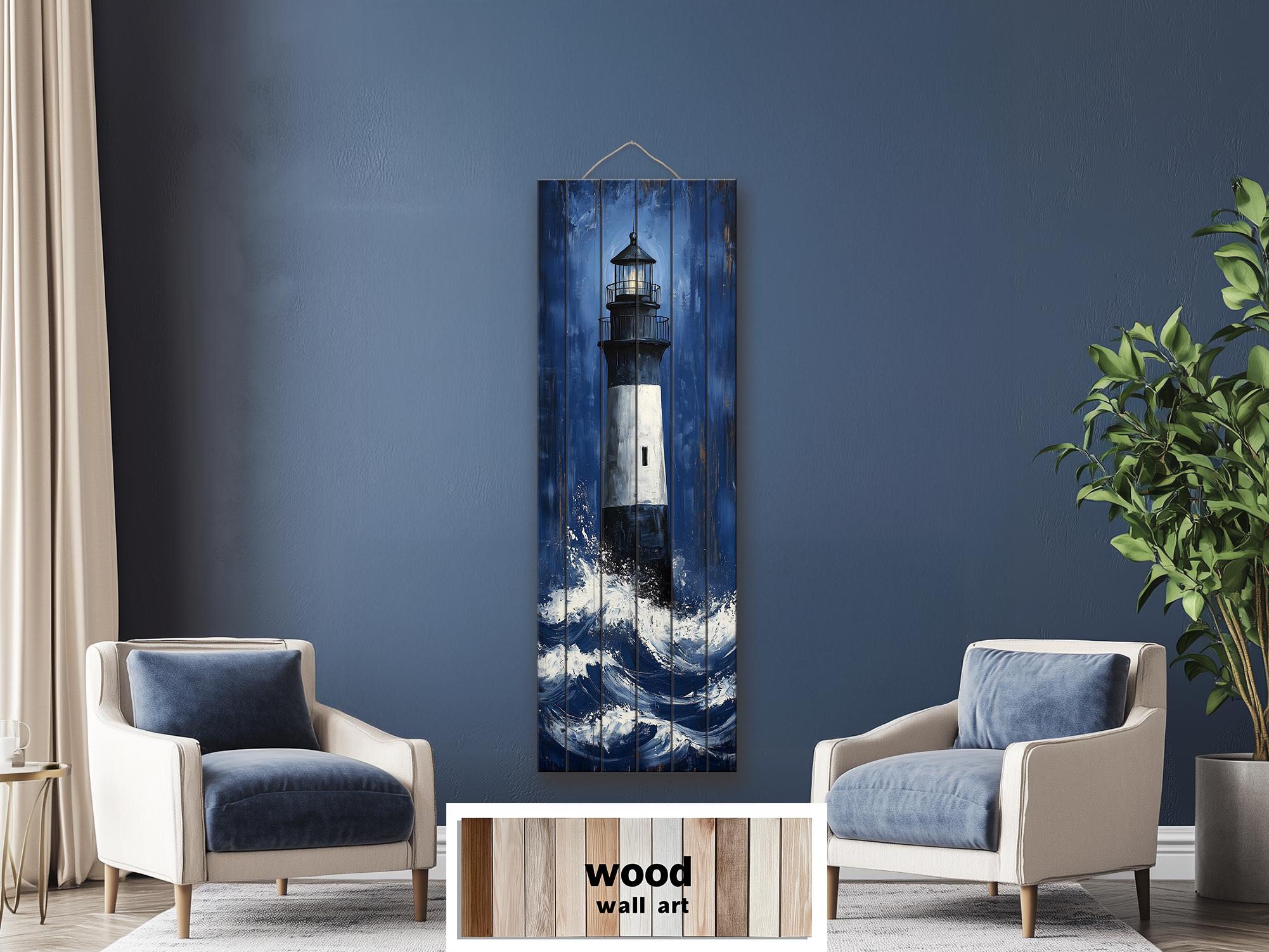 Tall Narrow Lighthouse in Ocean Waves Vertical Distressed Wood Wall Art