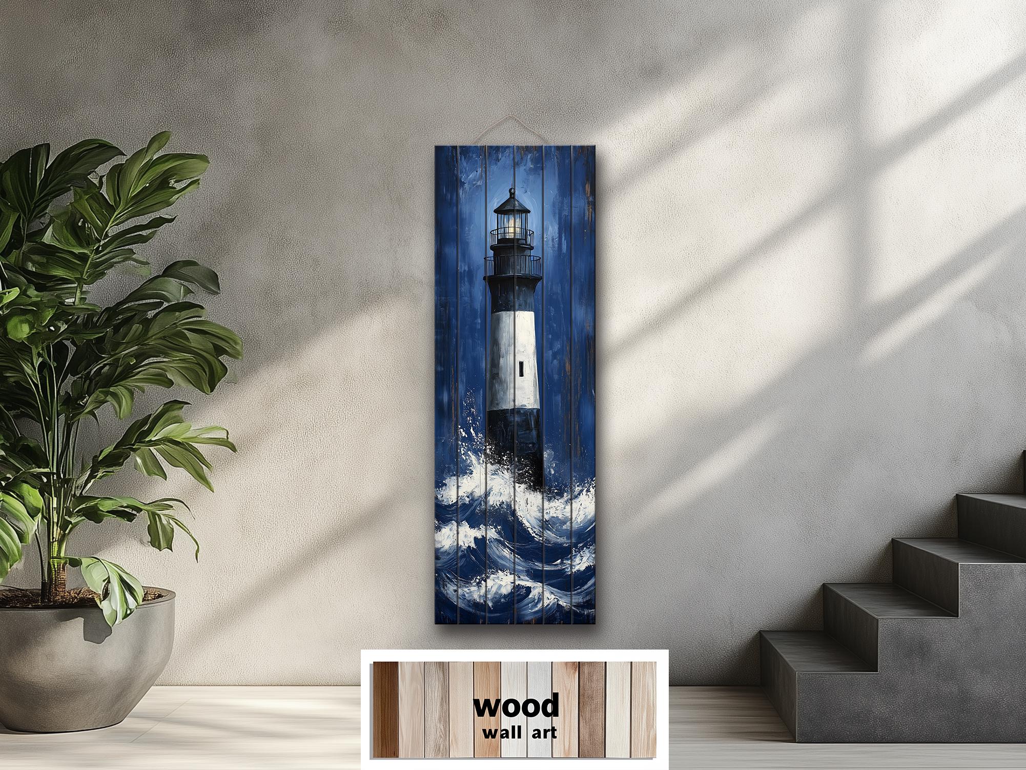 Tall Narrow Lighthouse in Ocean Waves Vertical Distressed Wood Wall Art