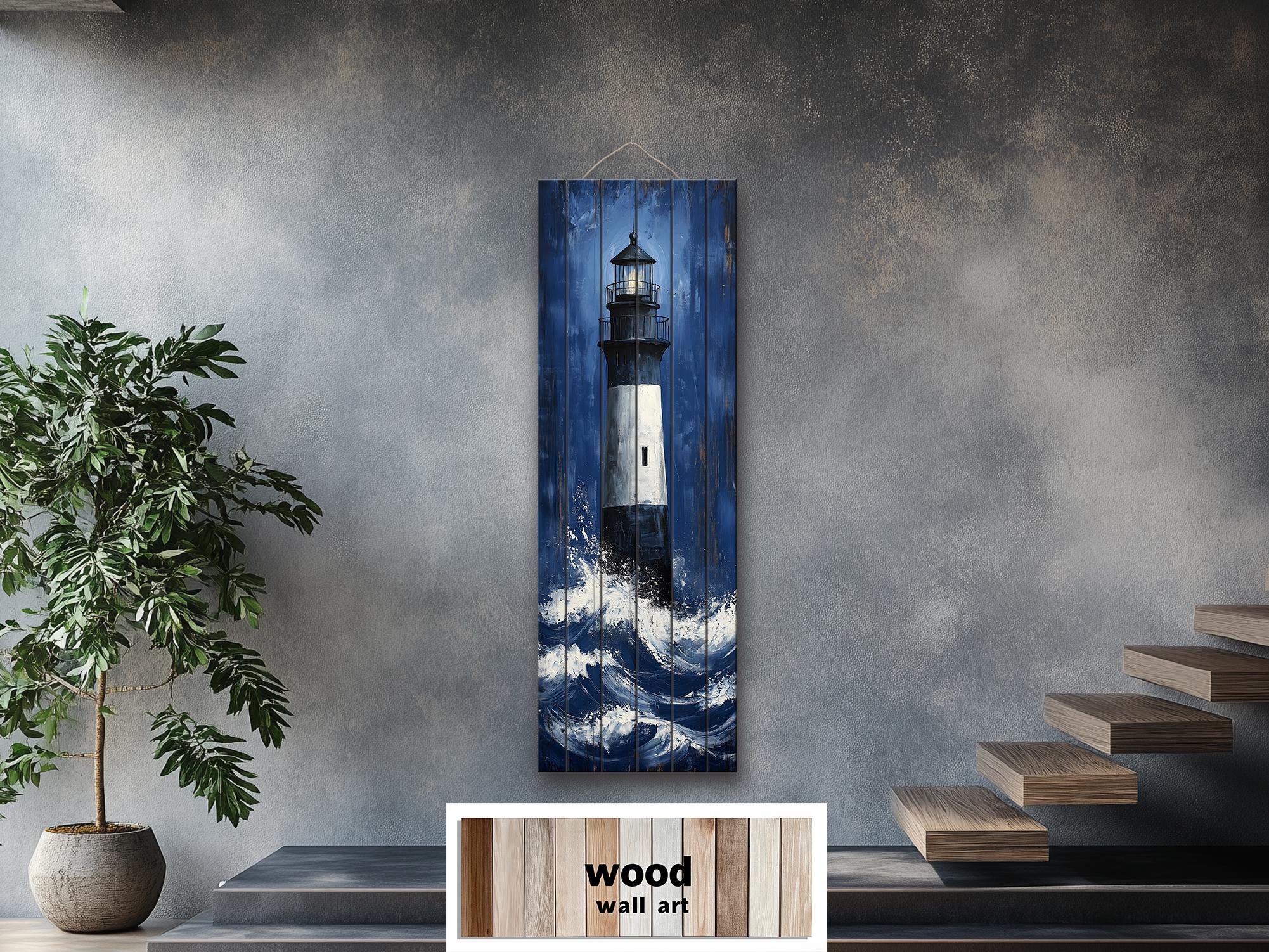 Tall Narrow Lighthouse in Ocean Waves Vertical Distressed Wood Wall Art