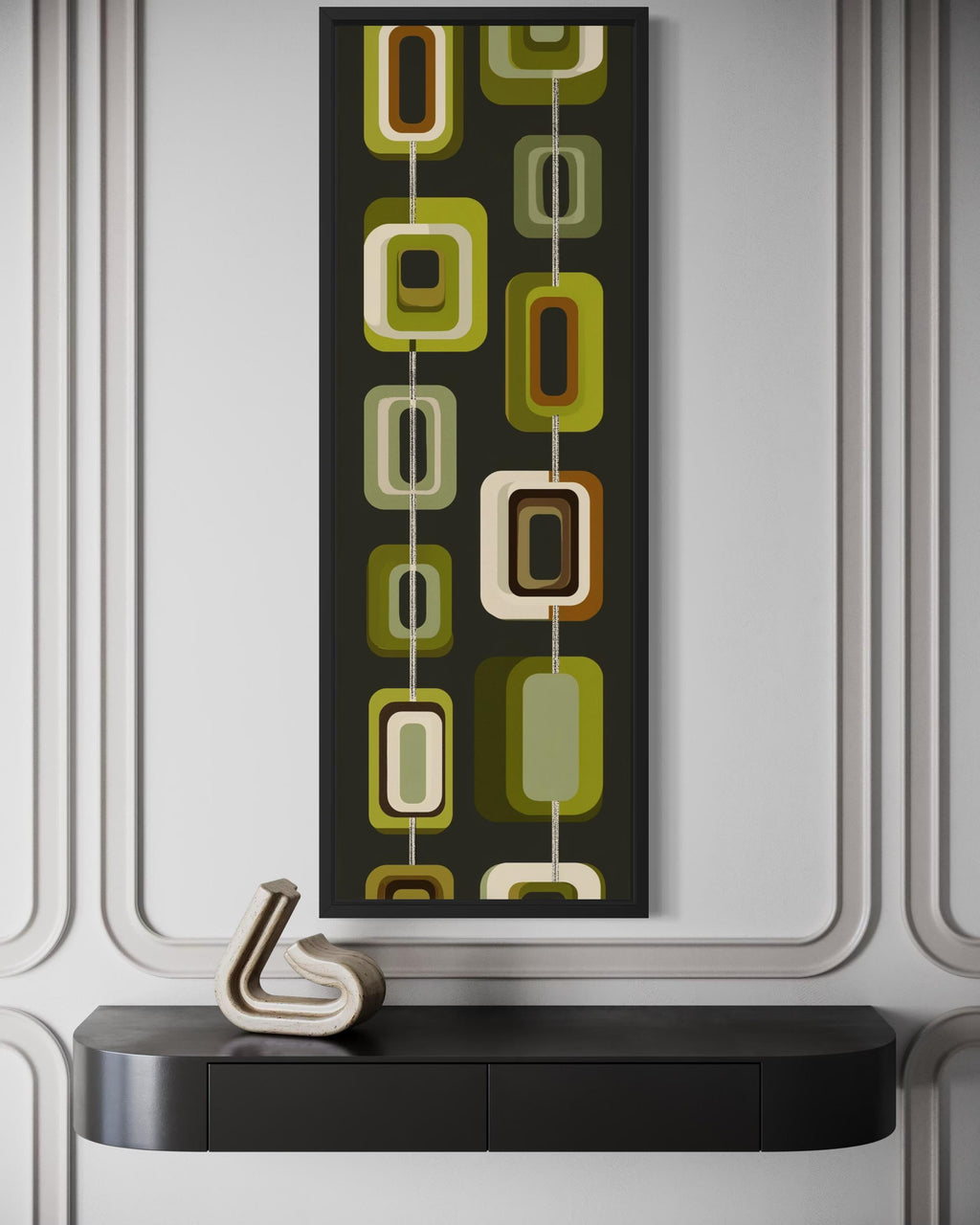 Tall Narrow Mid Century Modern Olive Green Wall Art – Geometric Vertical Canvas Print